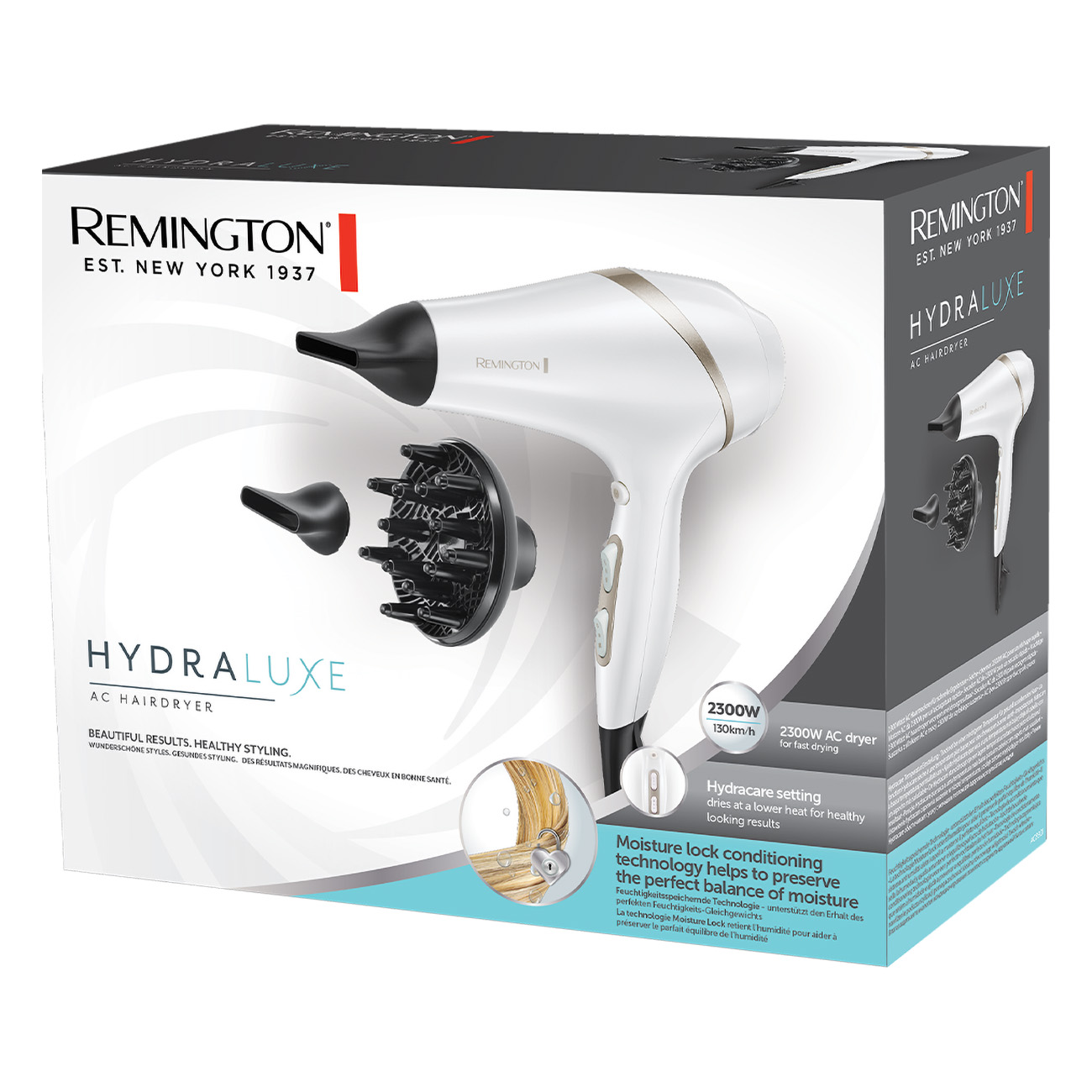 Biała suszarka do włosów z nasadkami w pudełku z informacjami o produkcie.