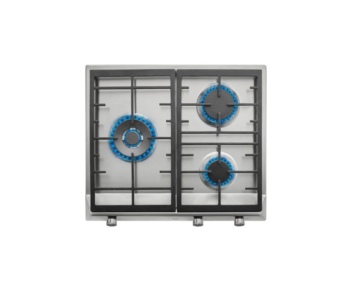 Płyta gazowa ze stali nierdzewnej z czterema palnikami, trzema z niebieskimi płomieniami, czarnymi rusztami.