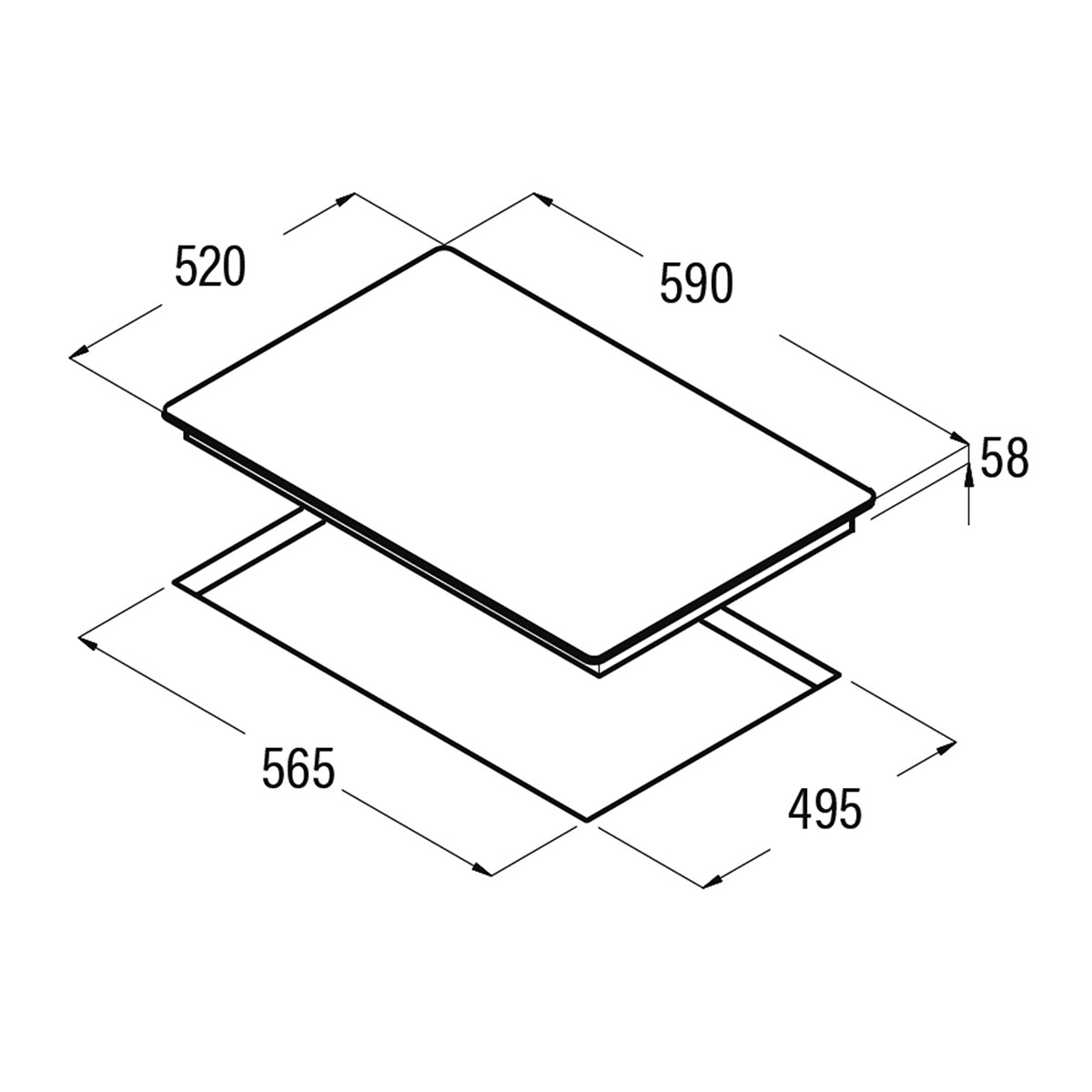 Diagrama de dimensiones de la placa, que muestra largo, ancho y alto.