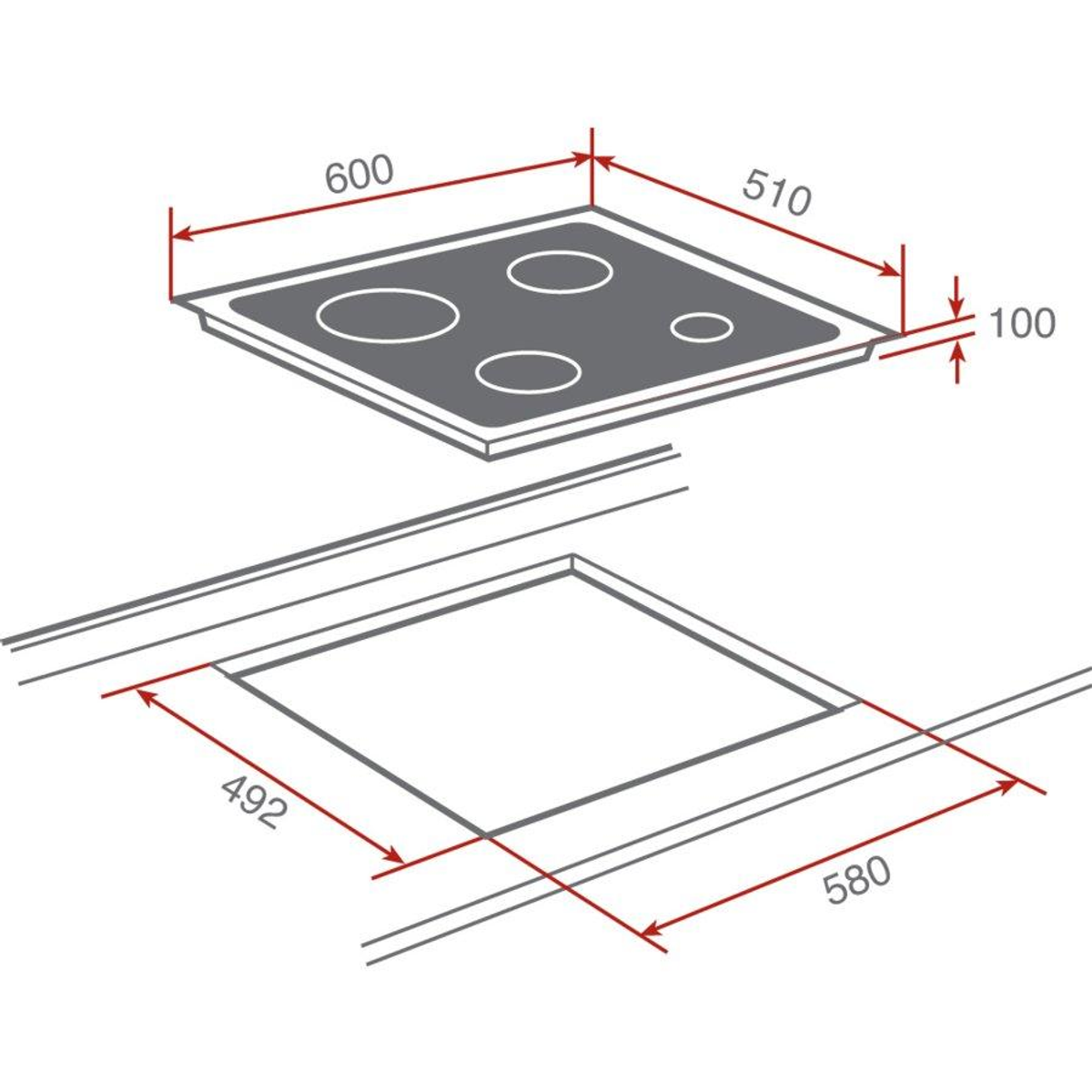 Un diagrama que muestra las dimensiones de una encimera; 600x510 mm, con dimensiones de corte 492x580 mm.