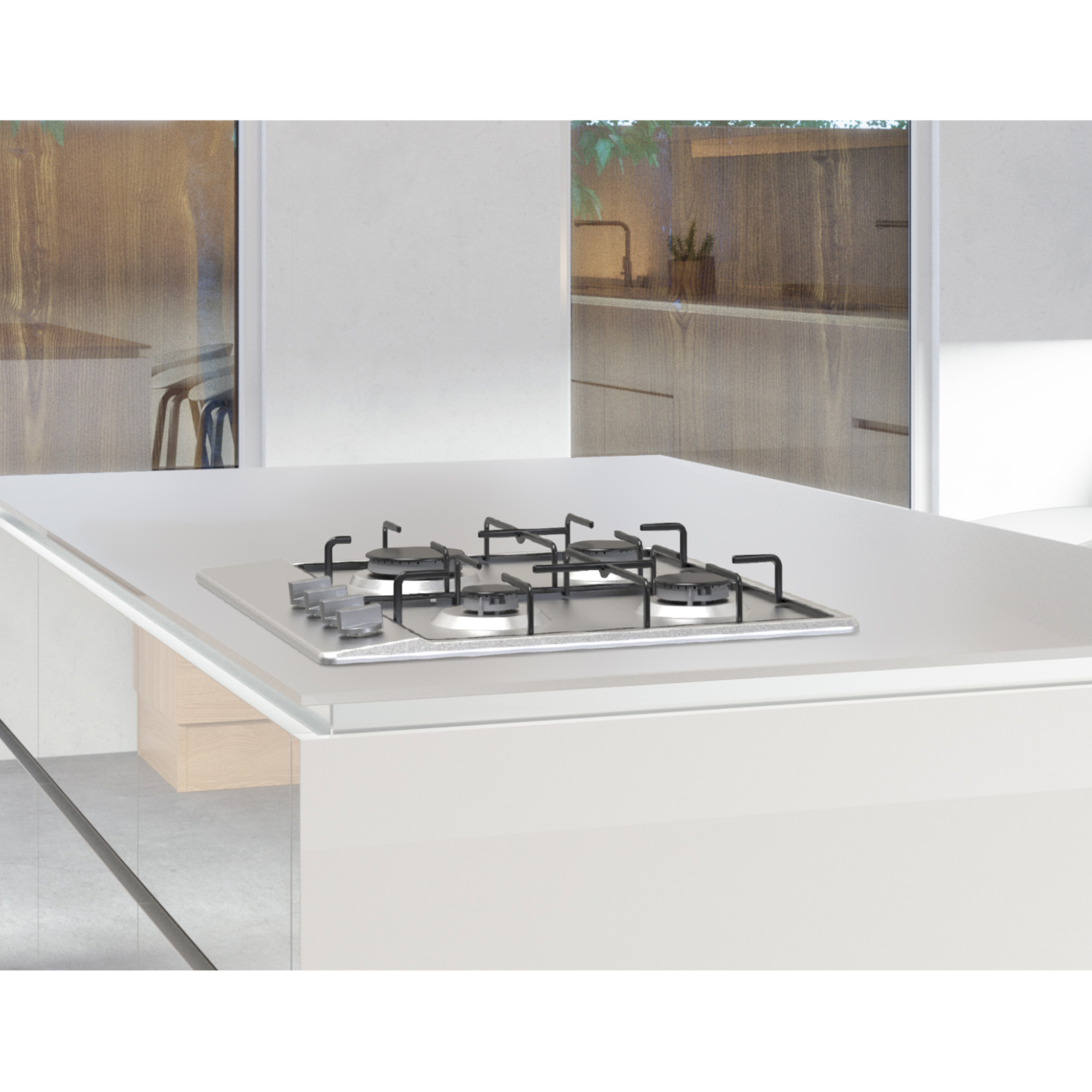 Encimera de isla de cocina con placa de gas integrada. Cuatro quemadores, superficie de acero inoxidable.