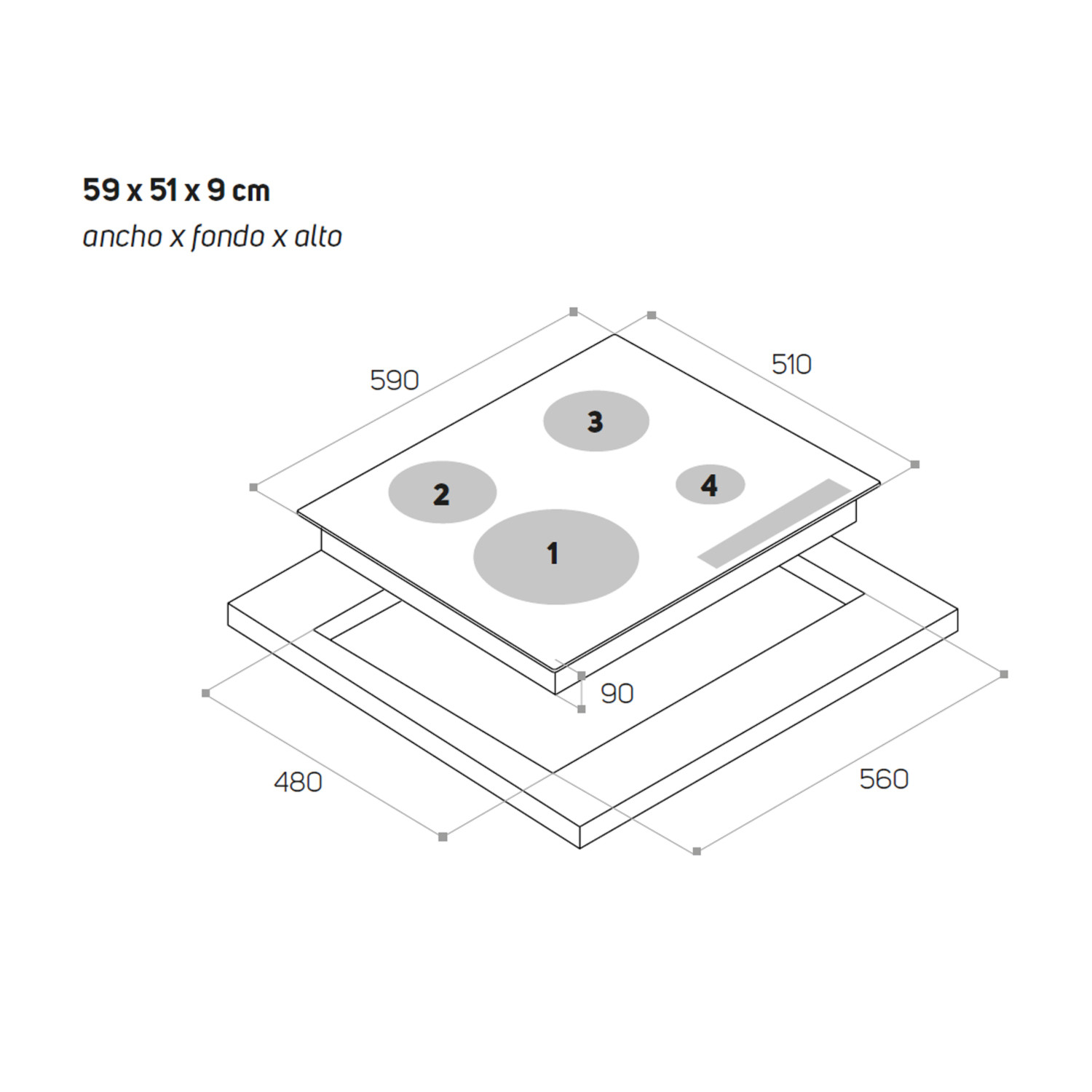 Diagrama que muestra las dimensiones de una placa de cocina. Incluye medidas de largo, ancho y profundidad.