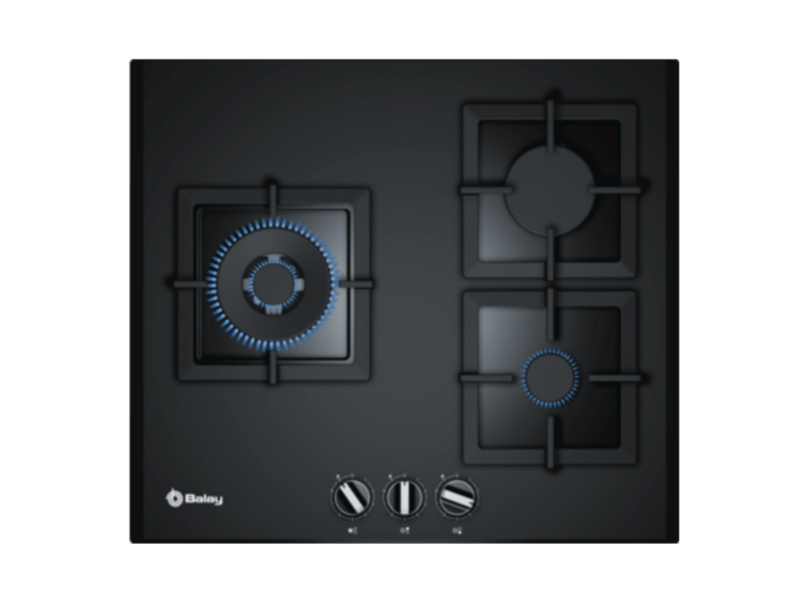 Czarna płyta gazowa z czterema palnikami. Widoczne niebieskie płomienie. Logo marki.