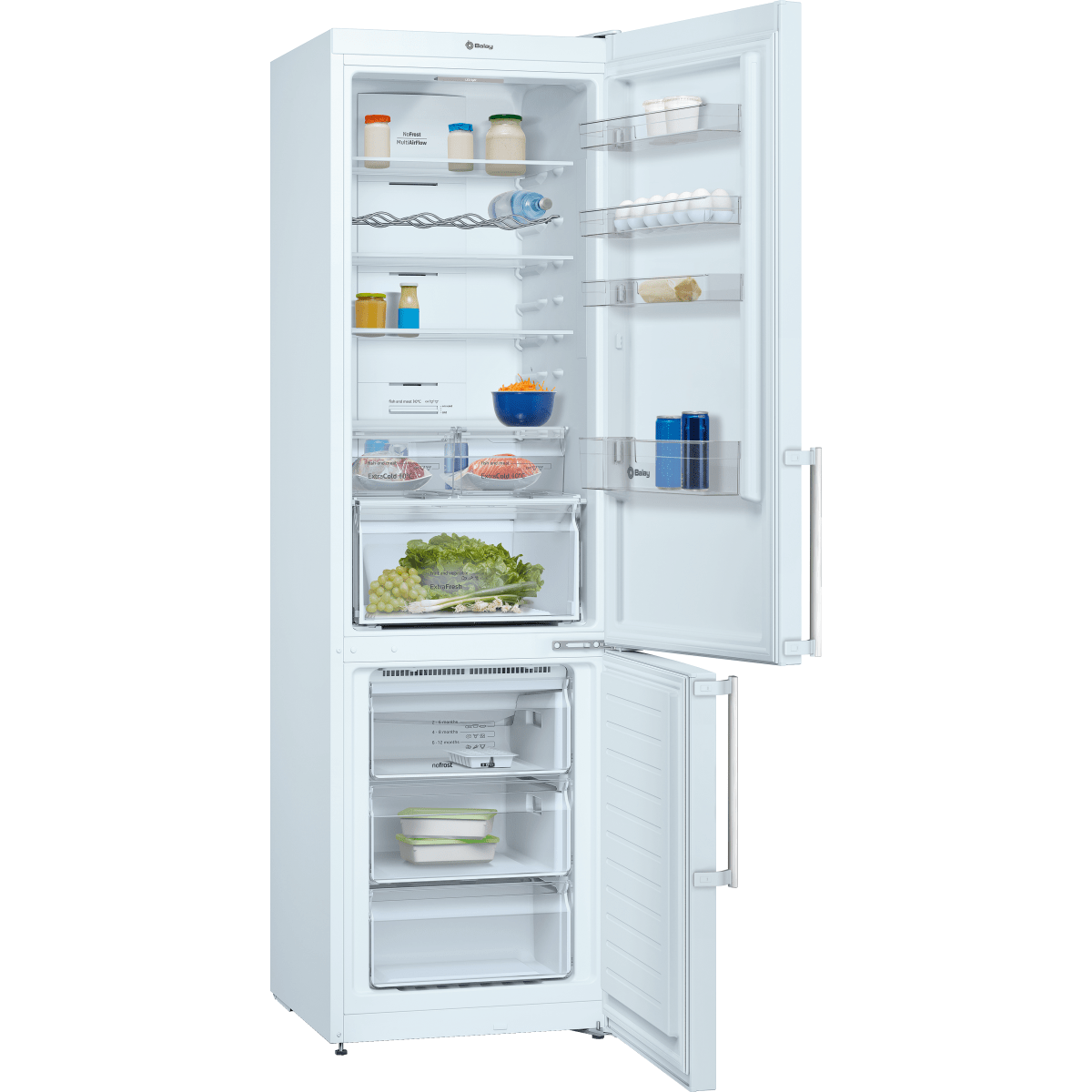 Frigorífico blanco con puertas abiertas, mostrando alimentos, estantes y cajones.