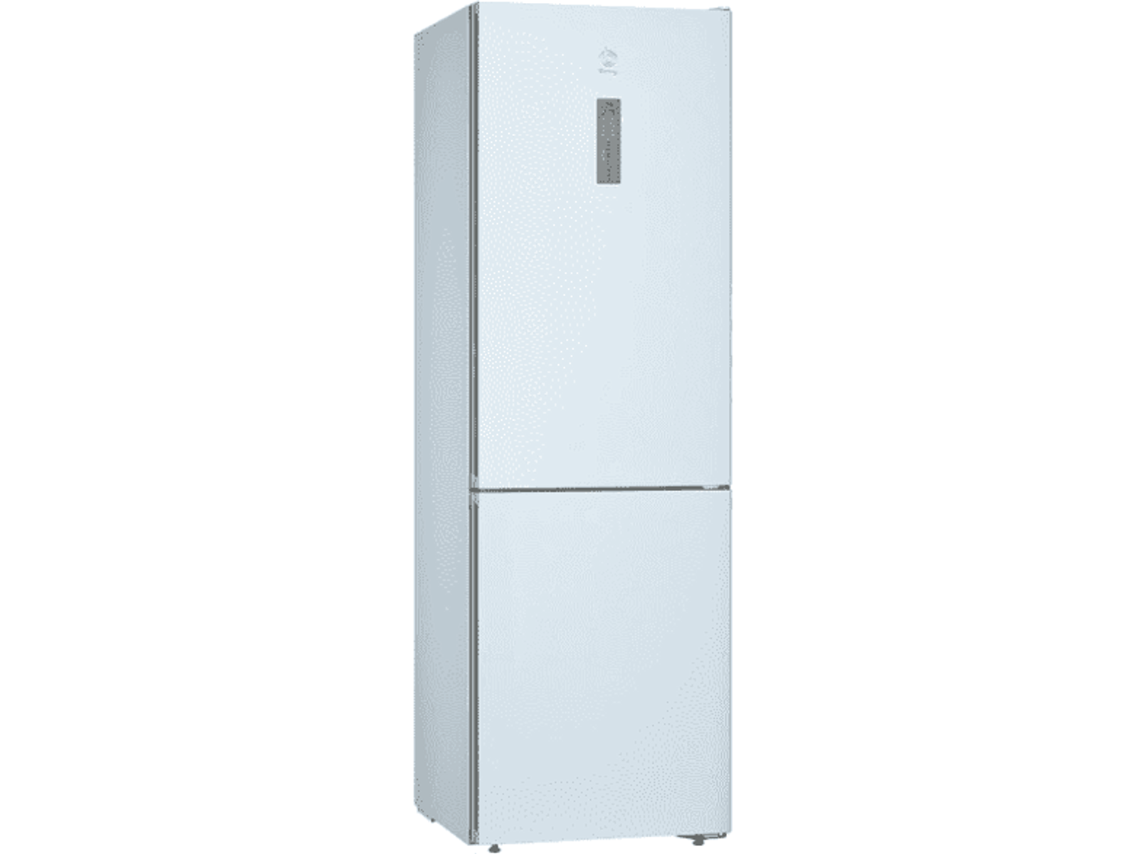 Un refrigerador azul oscuro con dos puertas. El fondo es negro.