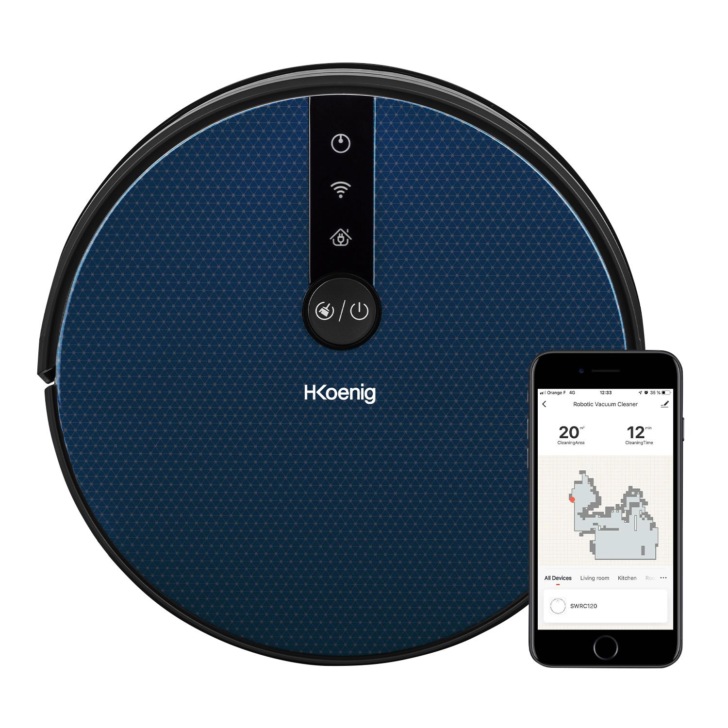 Niebieski robot odkurzający z telefonem wyświetlającym mapę czyszczenia.