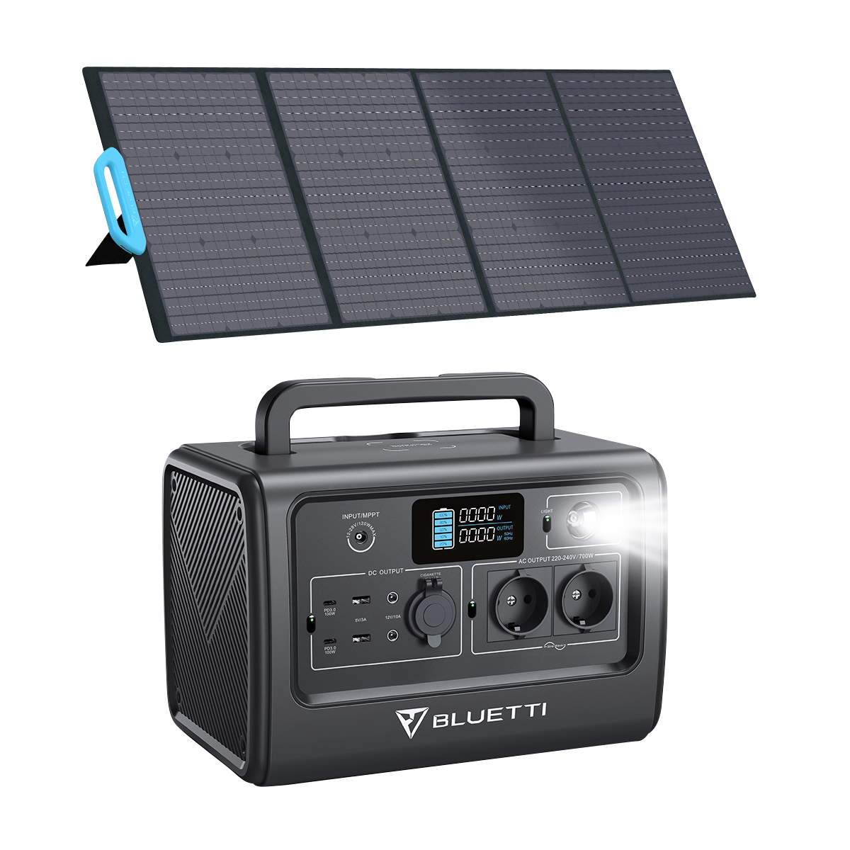 BLUETTI PowerOak EB70 und Tragbarer Battery Mono PV200 Wh Stromzeuger 716 Stromerzeuger Backup LiFePo4 grau Solarpanel 1000W