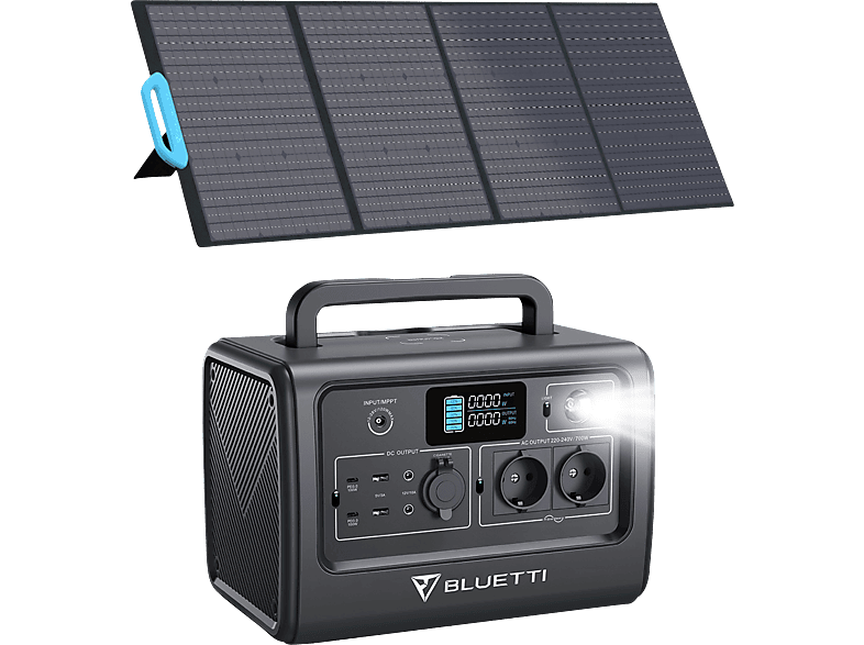 BLUETTI PowerOak EB70 und PV200 Solarpanel Tragbarer grau Mono Wh LiFePo4 Battery Stromerzeuger 716 Stromzeuger 1000W Backup