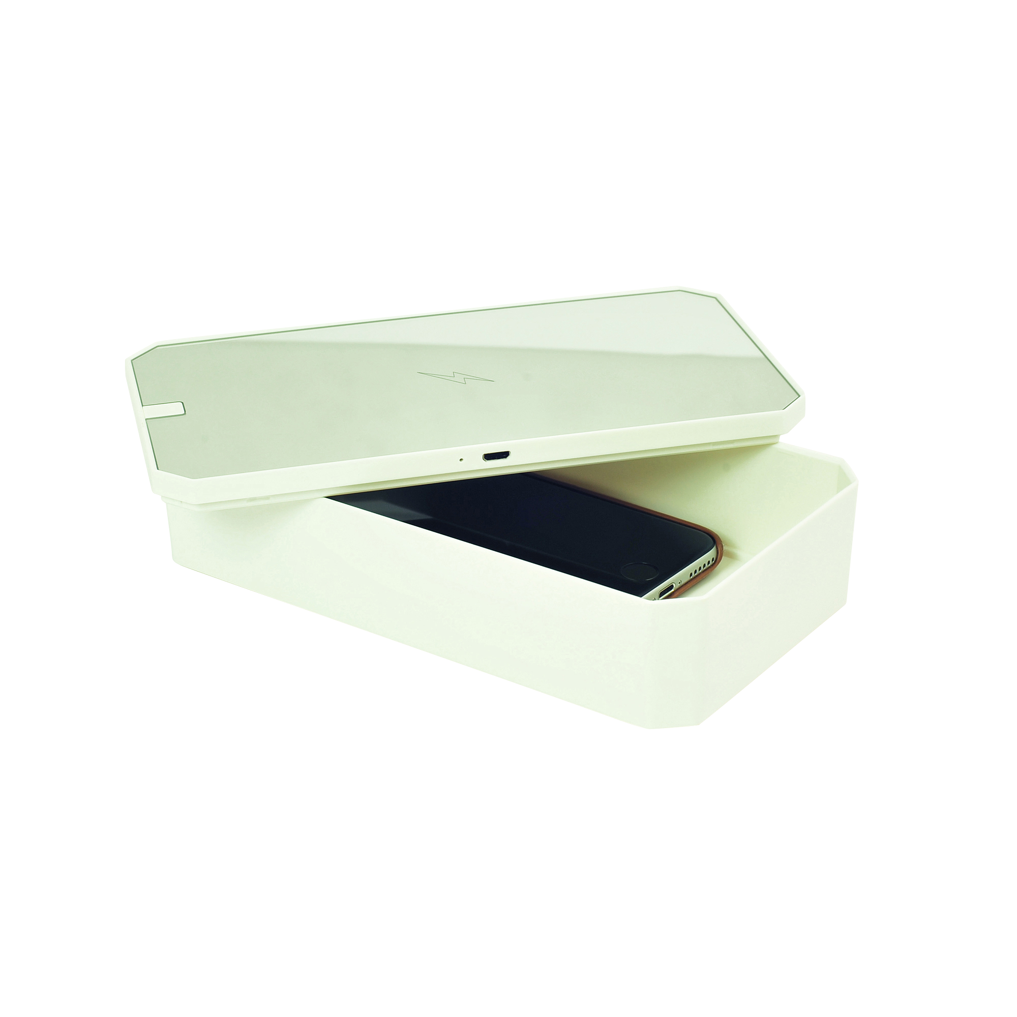 Eine weiße Telefon-Desinfektionsbox mit offenem Deckel und Telefon.