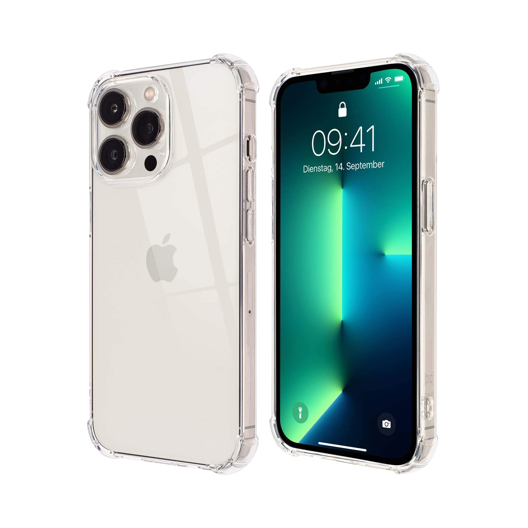 Zwei Telefone, eines mit Hülle und das andere mit transparenter Hülle, zeigen ihre Bildschirme.