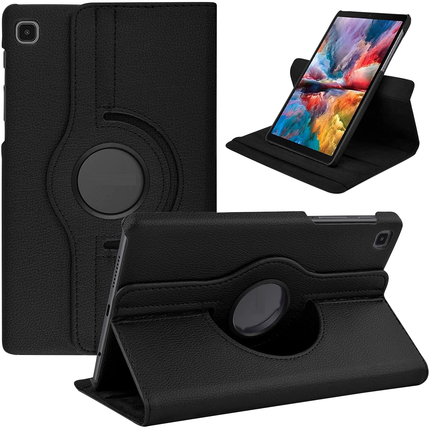 Schwarze Tablet-Hülle, mehrere Ansichten. Tablet sichtbar. Schwarzer Hintergrund.