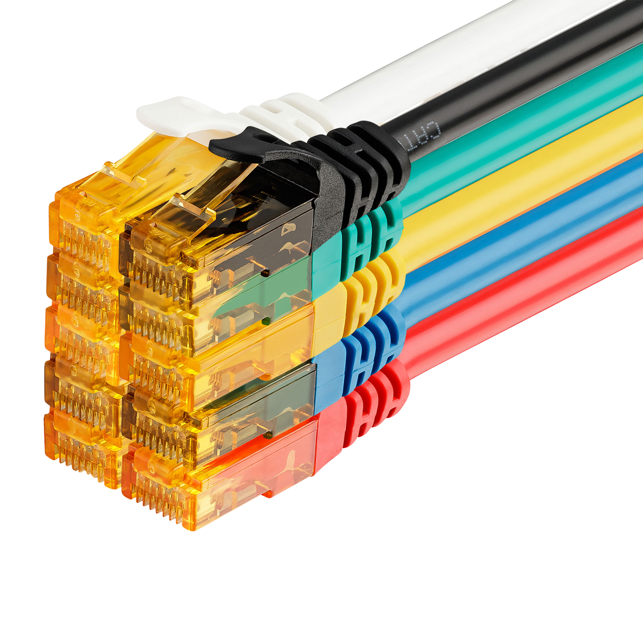 Bündel bunter Ethernet-Kabel mit RJ45-Anschlüssen, verschiedene Farben sichtbar.