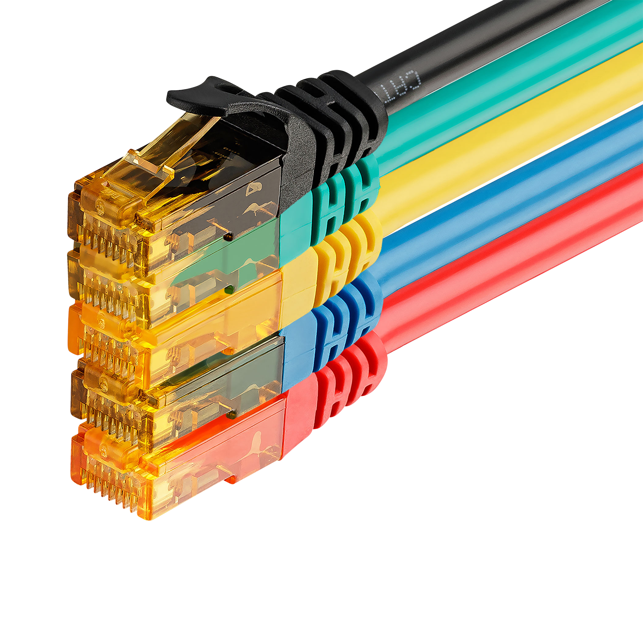 Mehrfarbige Ethernet-Kabel mit RJ45-Anschlüssen auf schwarzem Untergrund.