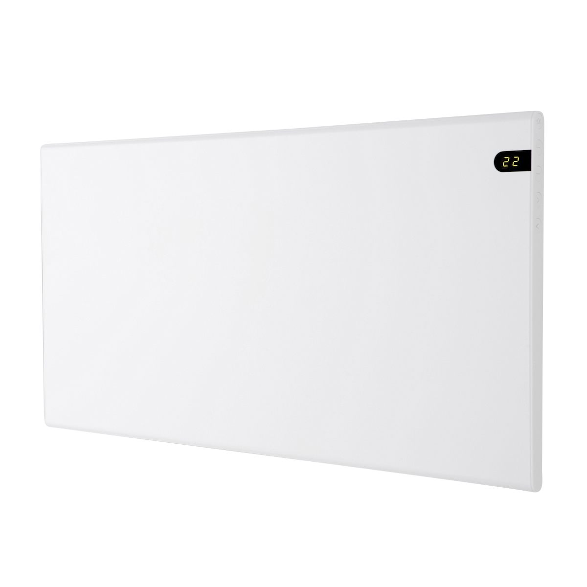 Un riscaldatore rettangolare bianco con un display digitale che mostra il numero 22.