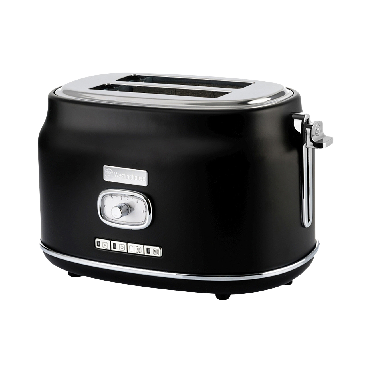 Ein schwarzer Toaster mit Chromakzenten, einem Drehregler und Knöpfen.