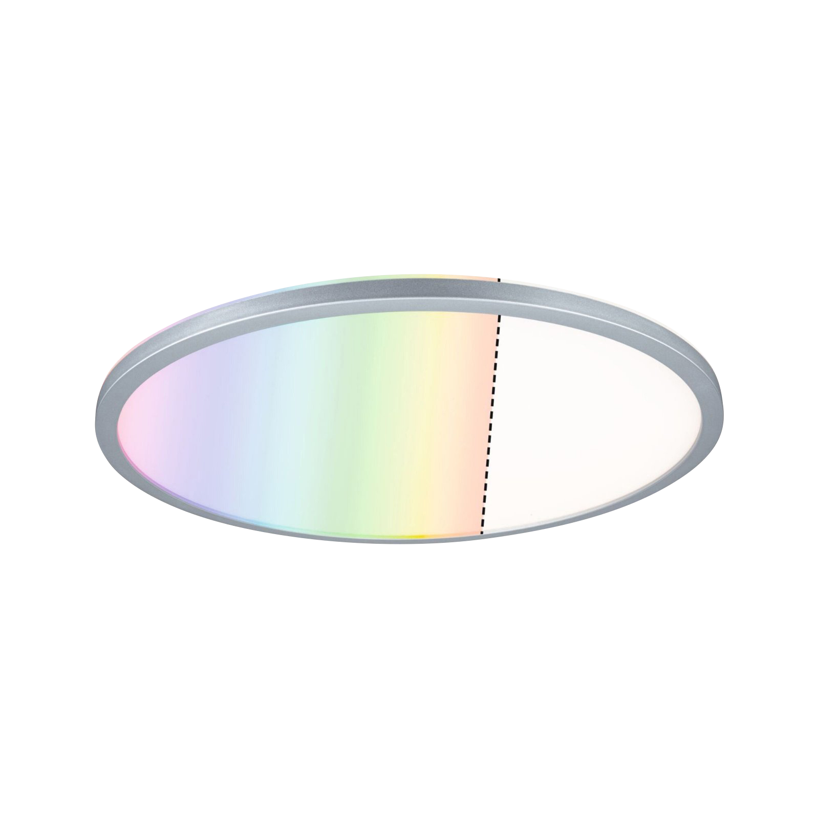 Owalna lampa sufitowa z gradientem tęczy i białym fragmentem, srebrna ramka.