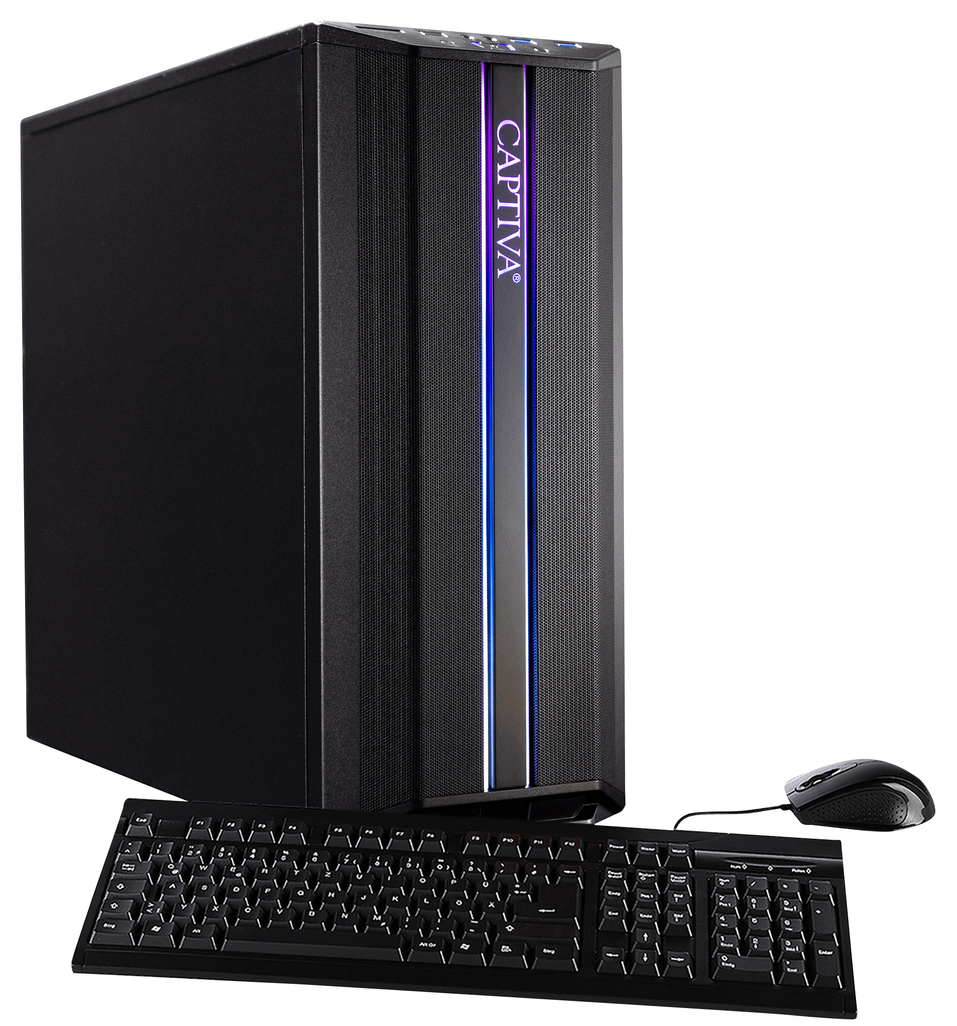Tour d'ordinateur noire avec logo Captiva éclairé, clavier et souris.
