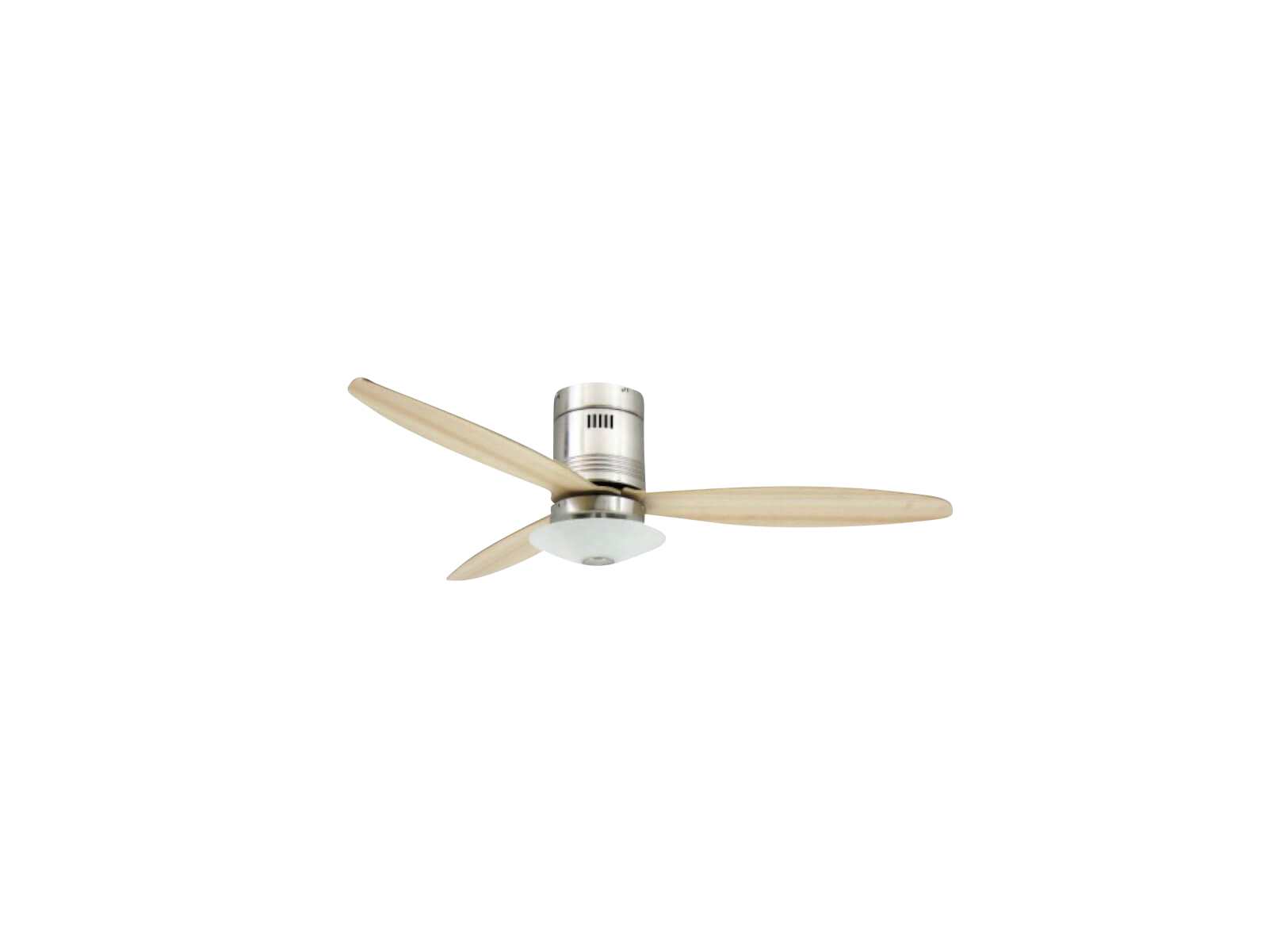 Deckenventilator mit drei Holzflügeln und einem silbernen Motor.