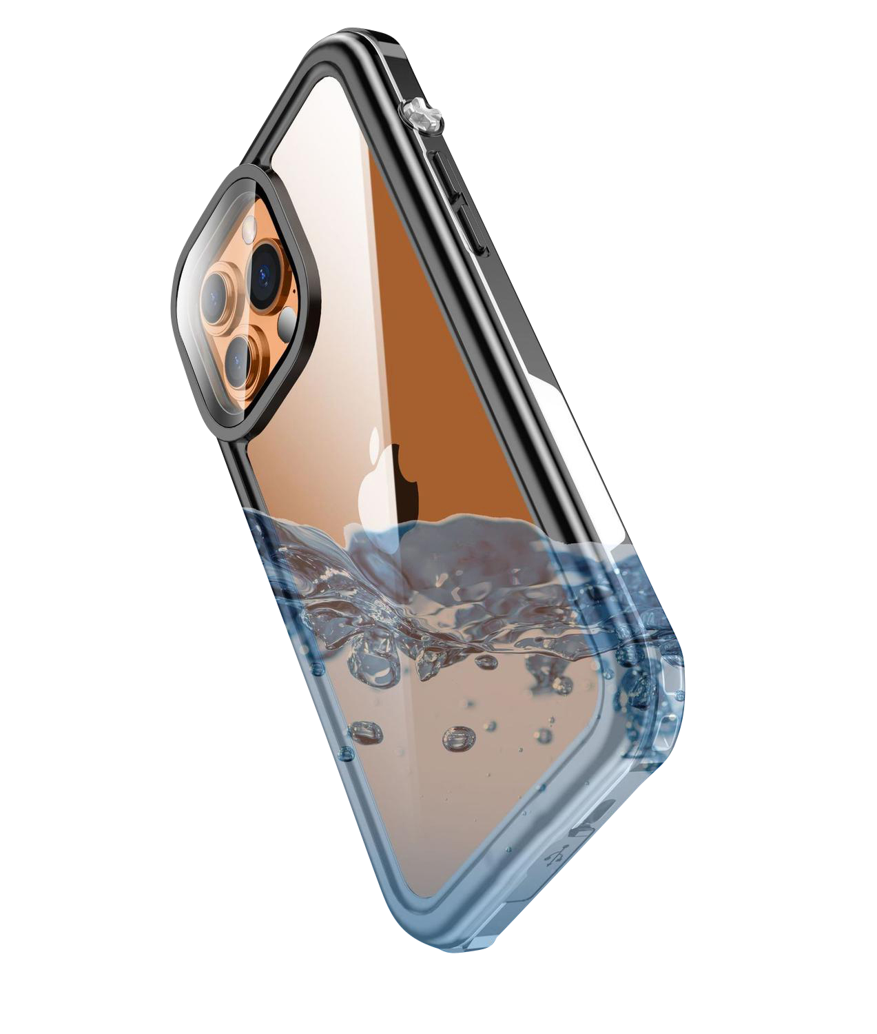 Etui na telefon z telefonem w środku i wodą wokół.