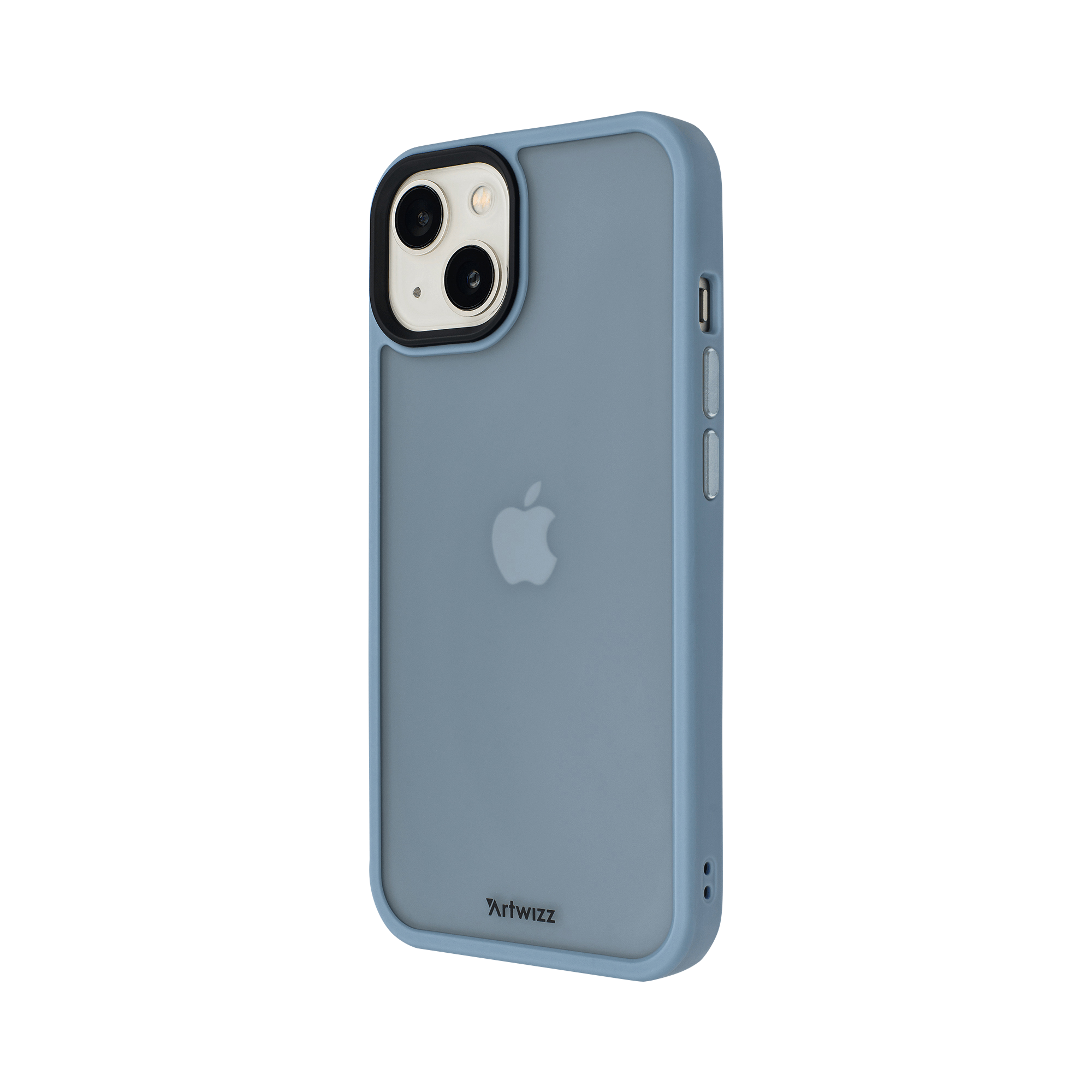 Una custodia blu per iPhone con un logo Apple. Ha due fotocamere e un bordo nero.