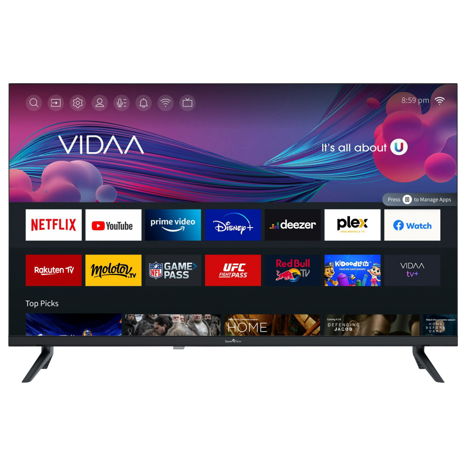 Czarny telewizor z interfejsem VIDAA i ikonami aplikacji, czarna ramka i stojak.