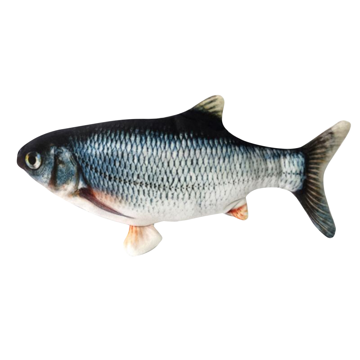 Fischförmiges Katzenspielzeug mit einem schwarz-blauen Muster, schwarzer Hintergrund.