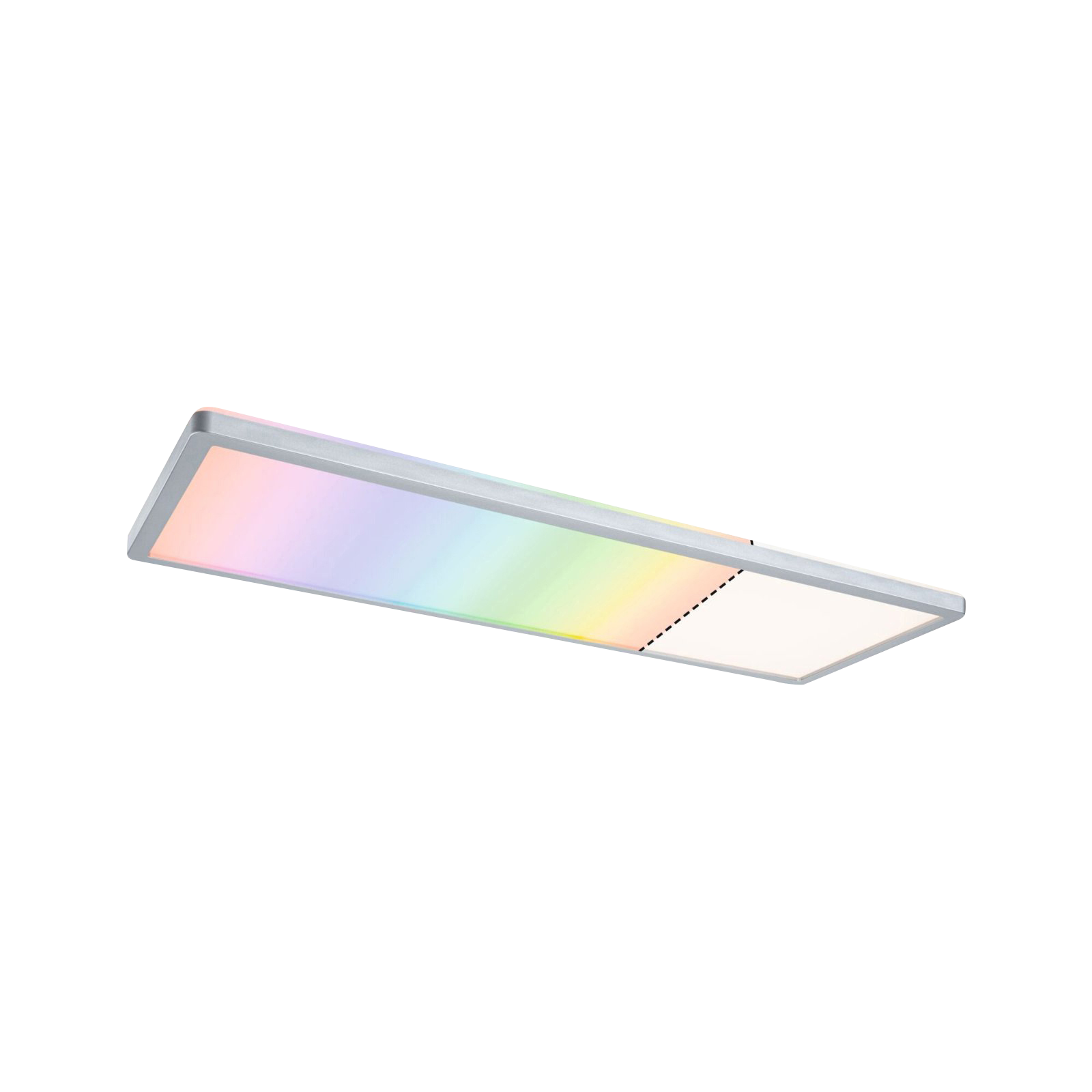 Rechteckiges LED-Lichtpaneel mit Regenbogenfarben. Das Panel hat am Ende einen weißen Abschnitt.