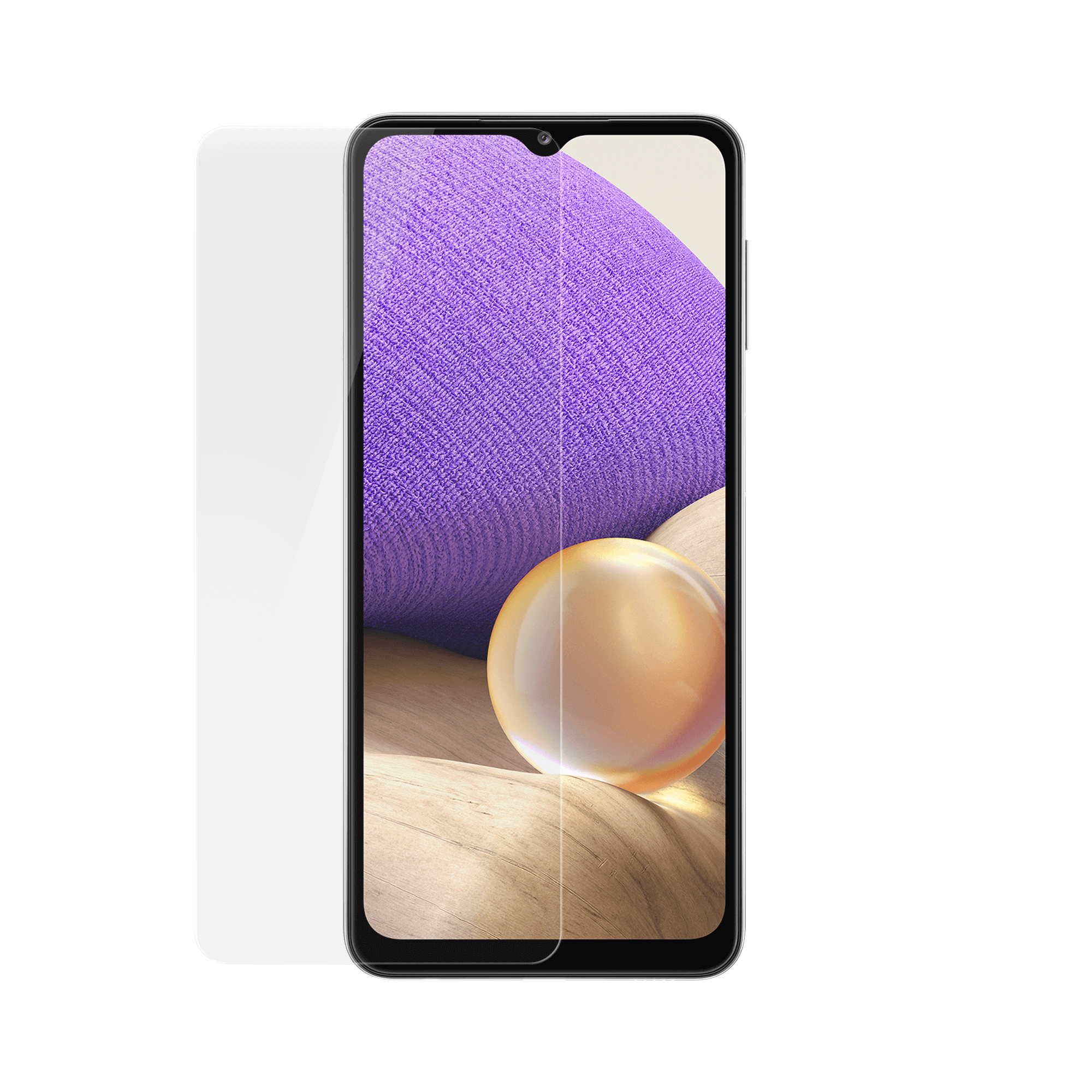 Smartphone con protezione schermo. Lo schermo mostra un design astratto con sfondo chiaro.