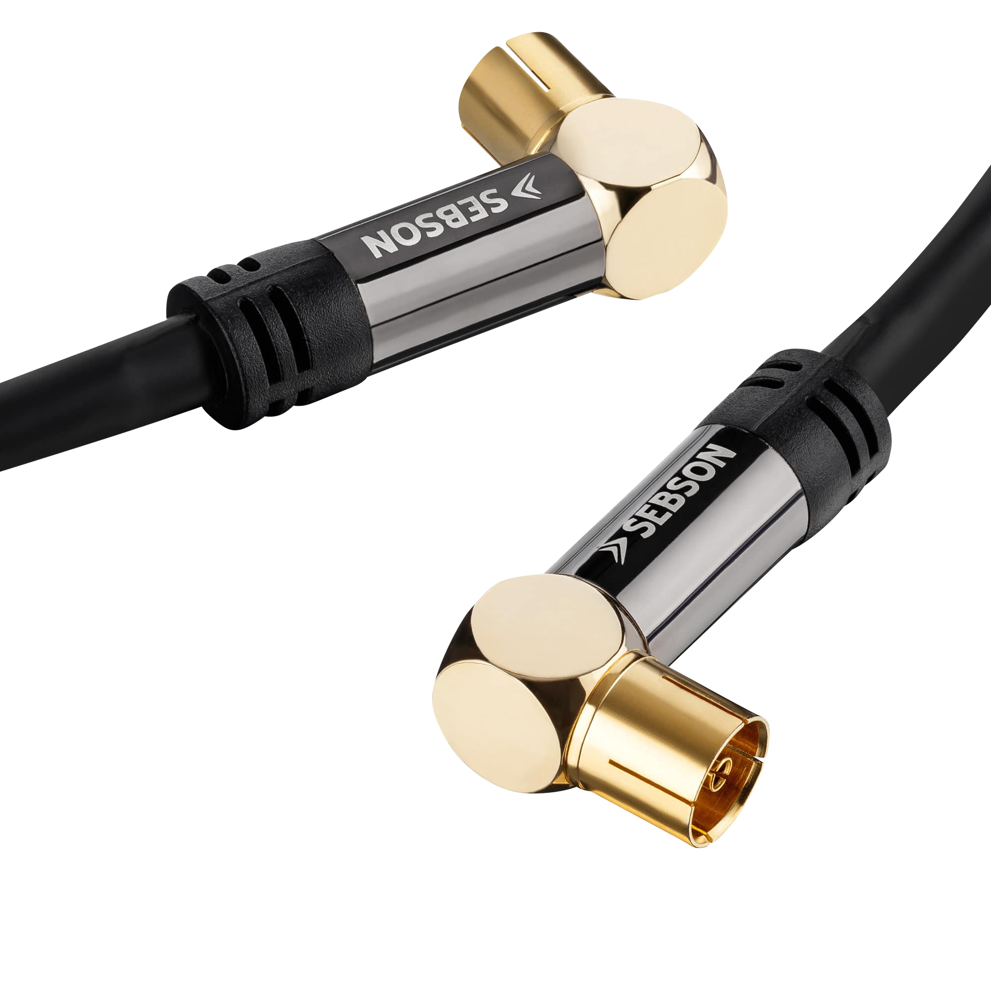 Zwei goldene, abgewinkelte Koaxialkabelstecker mit schwarzem Kabel.