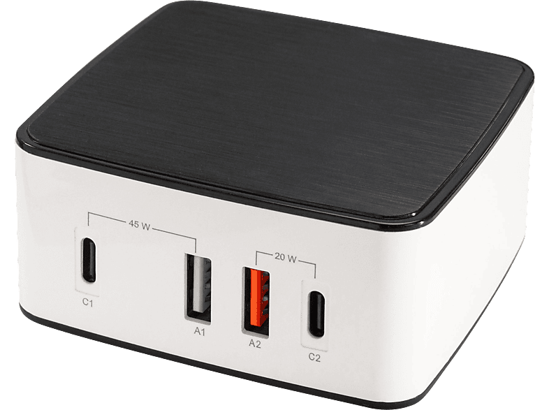 FEINTECH 4 Port Ladestation 65 W USB und USB-C Ladestation Apple, Google, Honor, HTC, Huawei, Lenovo, LG, Motorola, Oppo, Samsung, Sony, Xiaomi etc., 5 V - 20 Volt, Schwarz-weiß