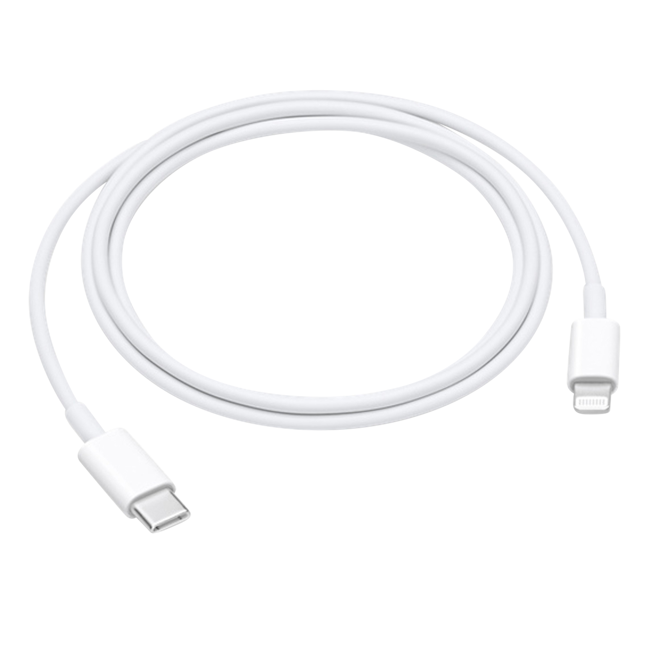 Ein weißes Ladekabel mit einem USB-C-Anschluss an einem Ende und einem Lightning-Anschluss am anderen.