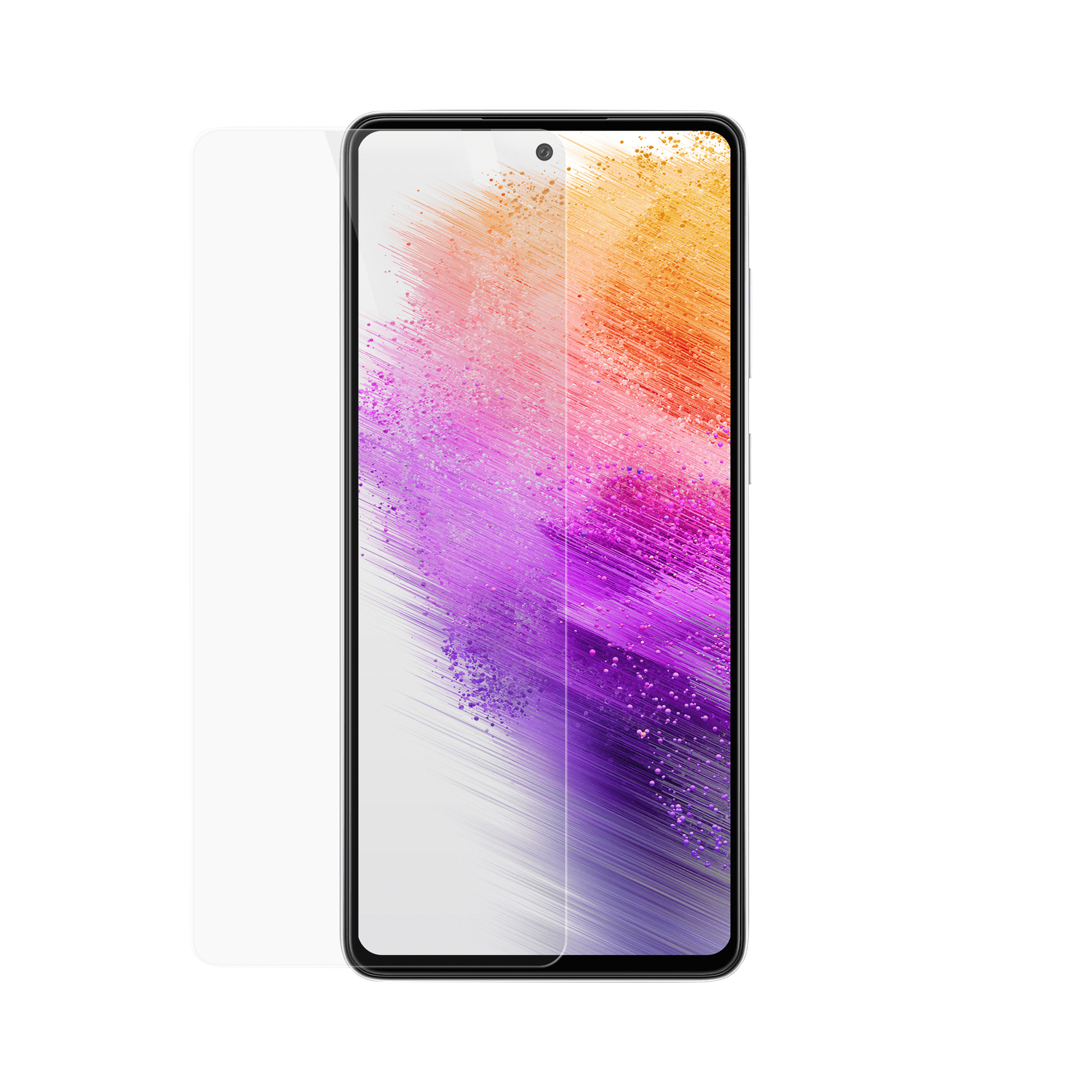 Smartphone con protezione schermo. Lo schermo mostra arte astratta. Protezione a sinistra.