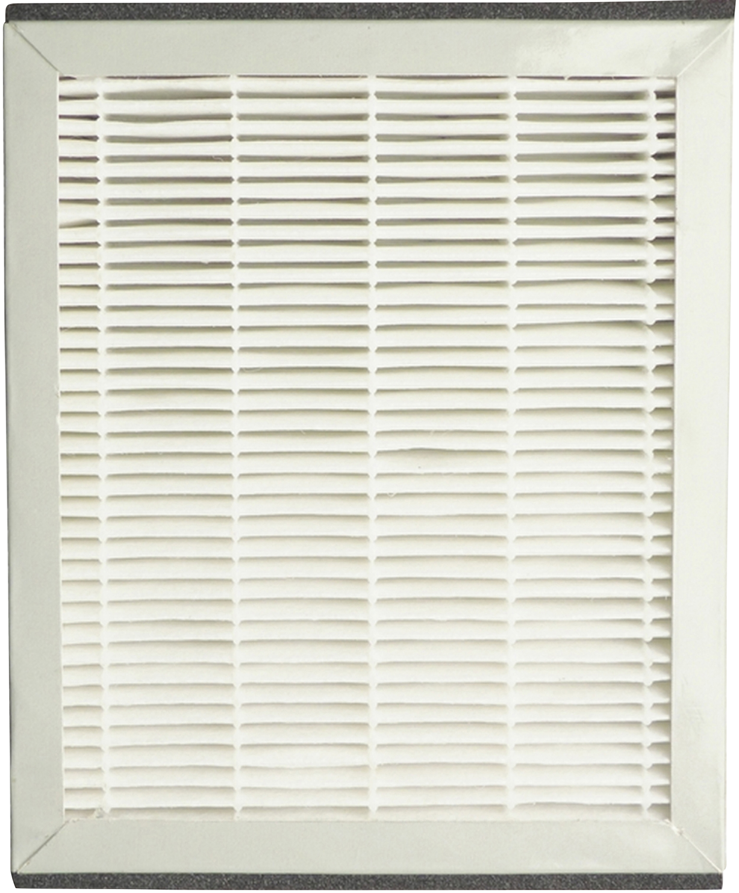 Weißer Luftfilter mit horizontalen Lamellen und weißem Rahmen. Nahaufnahme.