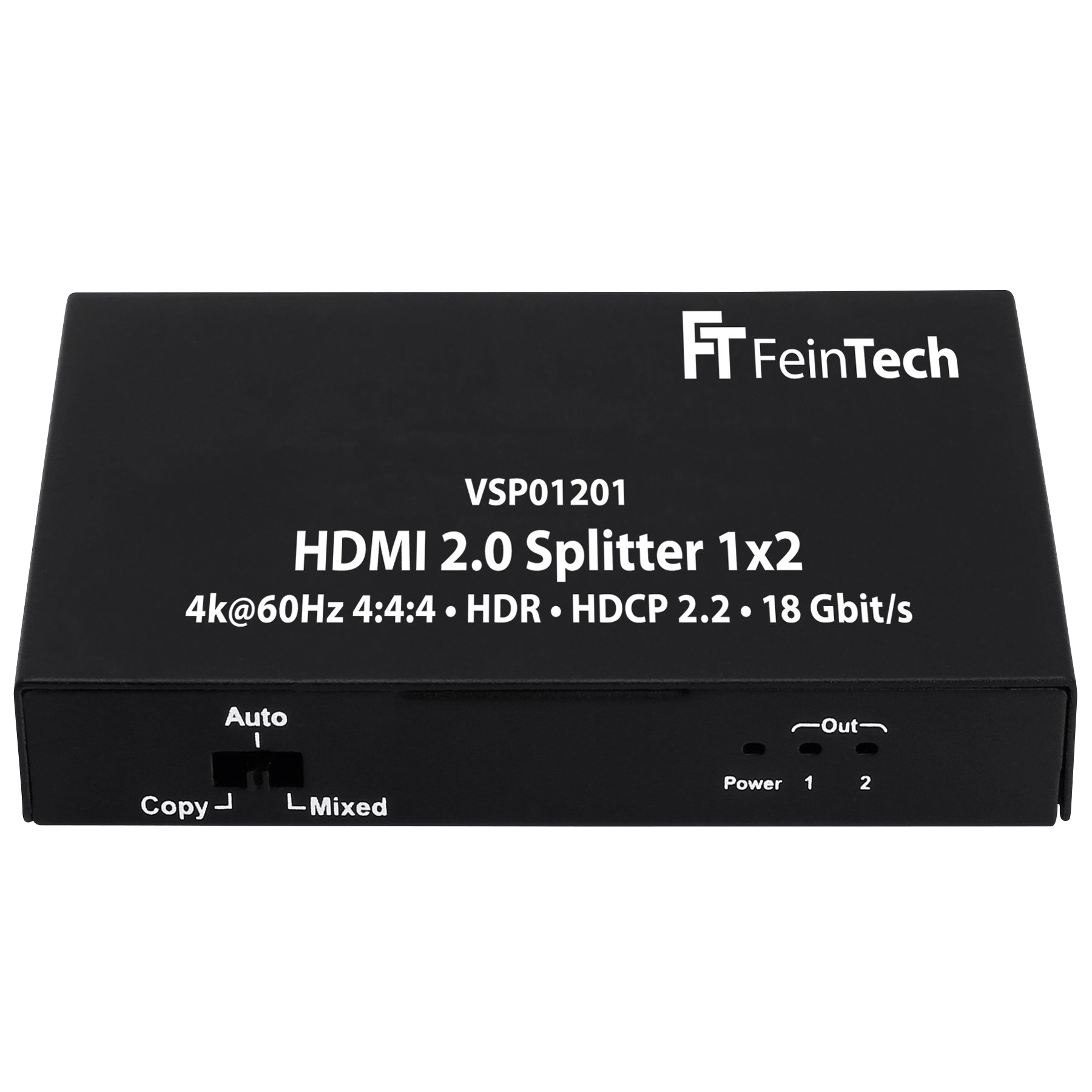 Uno splitter HDMI 2.0 nero con più porte e testo su una superficie bianca.