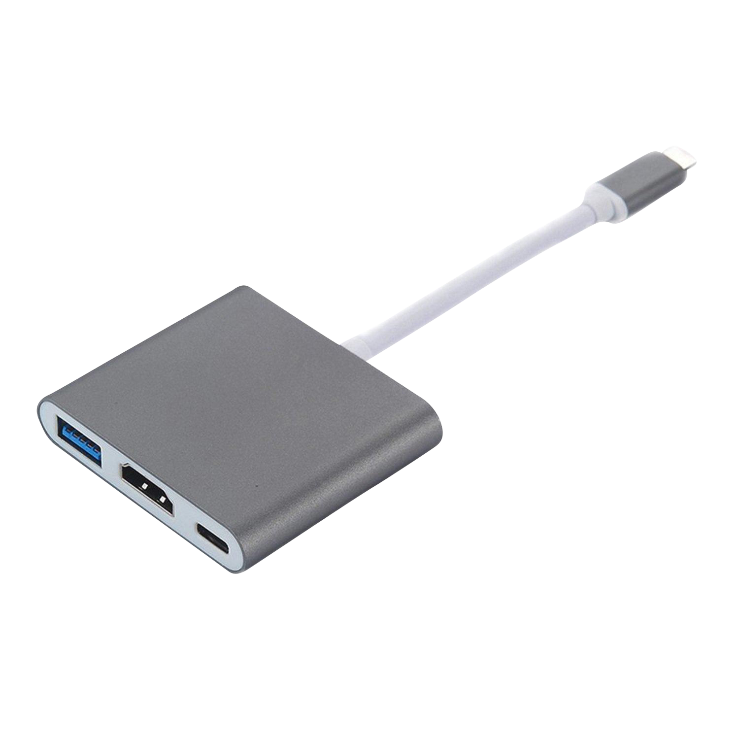Szary hub USB-C z portami HDMI i USB-A. Podłączony biały kabel.