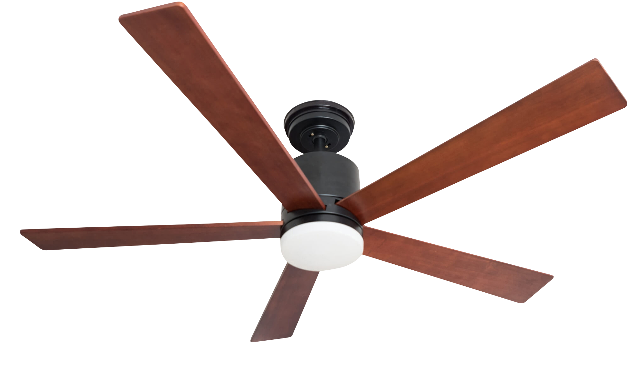 Deckenventilator mit braunen Flügeln und zentralem Licht auf schwarzem Hintergrund.