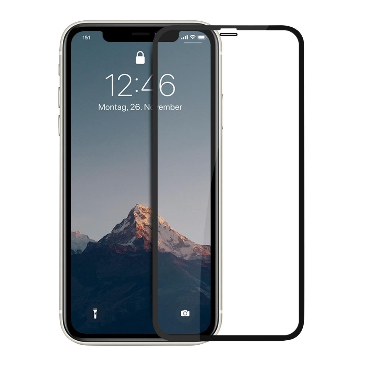 iPhone con protezione schermo, mostra schermata di blocco con data e ora.