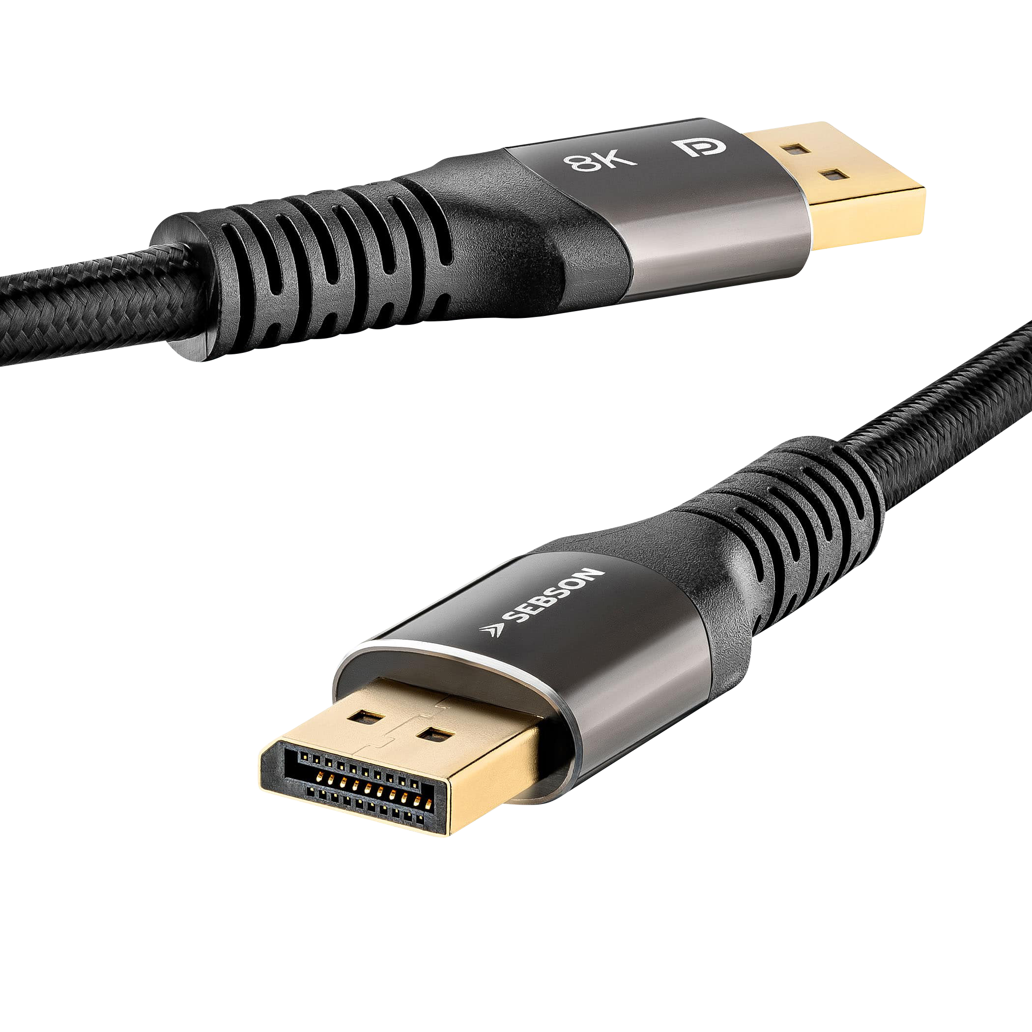 Zwei schwarze DisplayPort-Kabel mit geflochtener Ummantelung und goldfarbenen Steckern.
