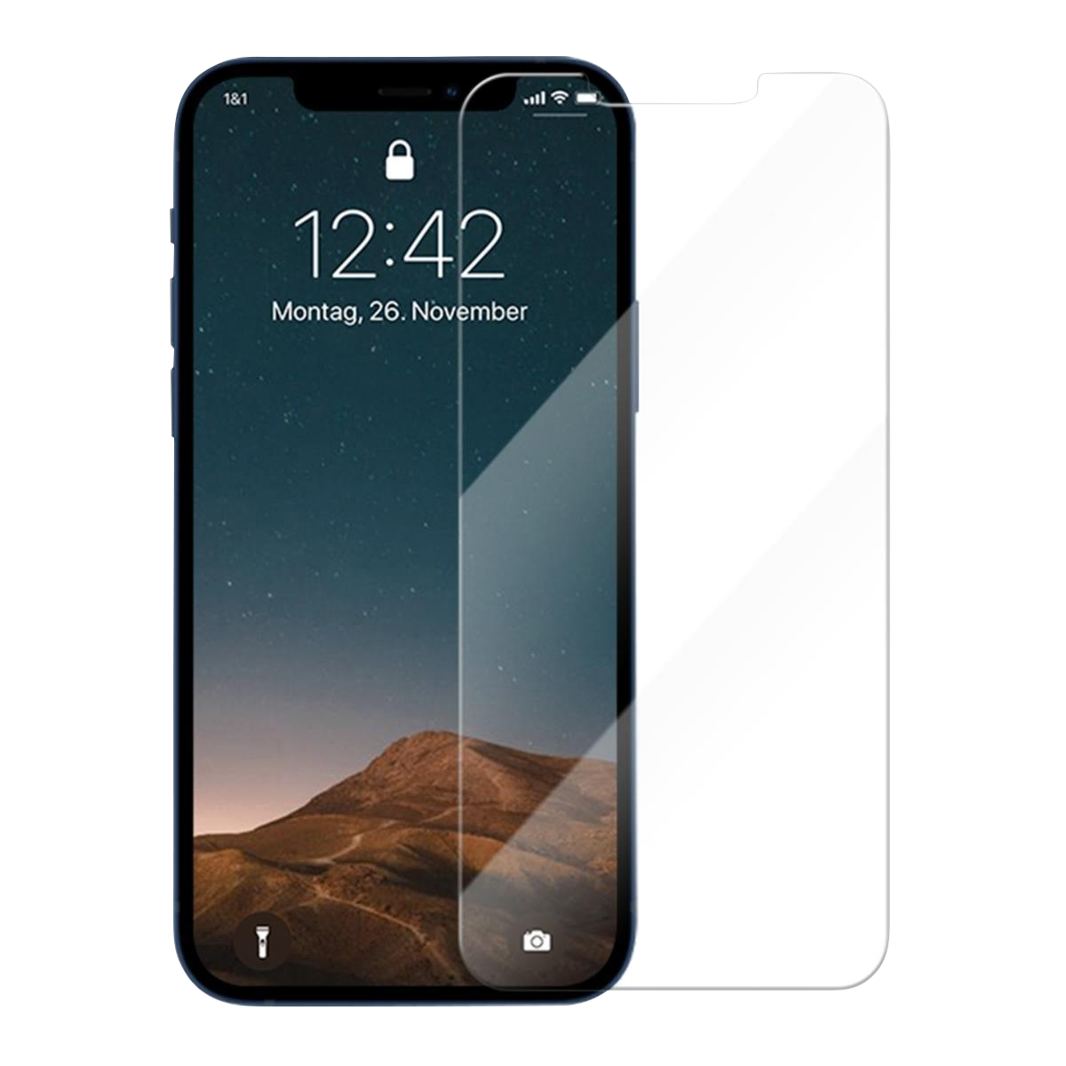 iPhone con protezione schermo, schermata di blocco con data e ora, sfondo montuoso.