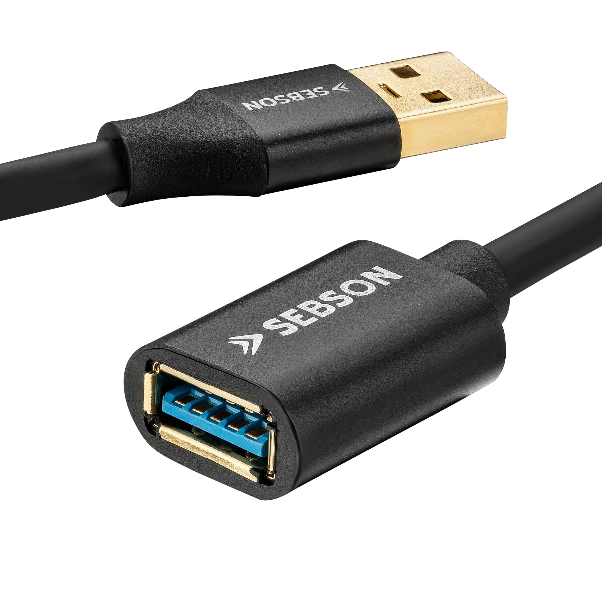 Ein schwarzes USB-Verlängerungskabel. Ein Ende hat einen USB-A-Anschluss, das andere eine USB-A-Buchse. Sebson.
