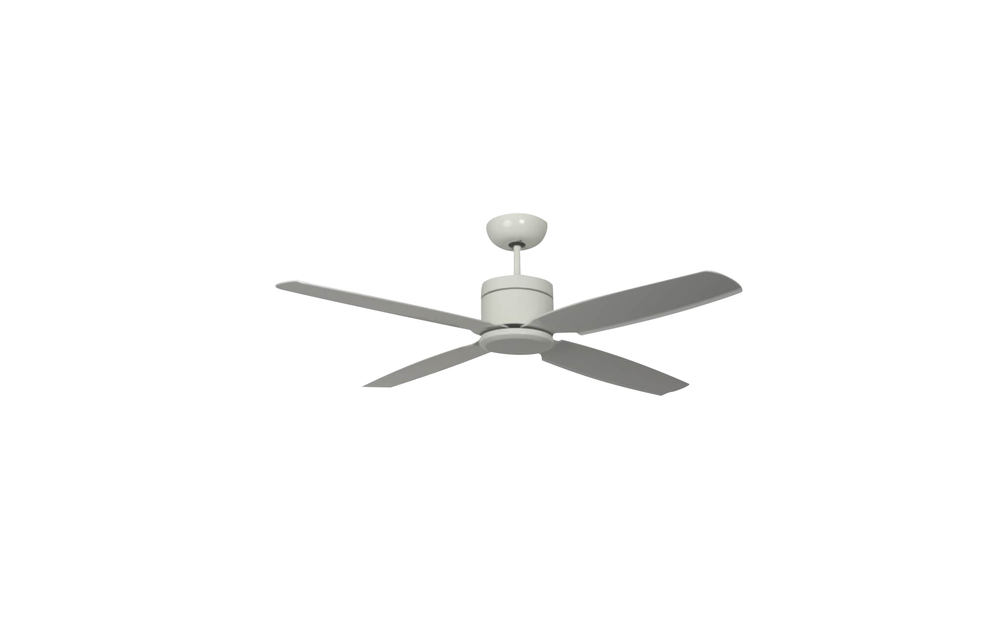 Weißer Deckenventilator mit vier Flügeln. Die Flügel sind leicht angewinkelt.