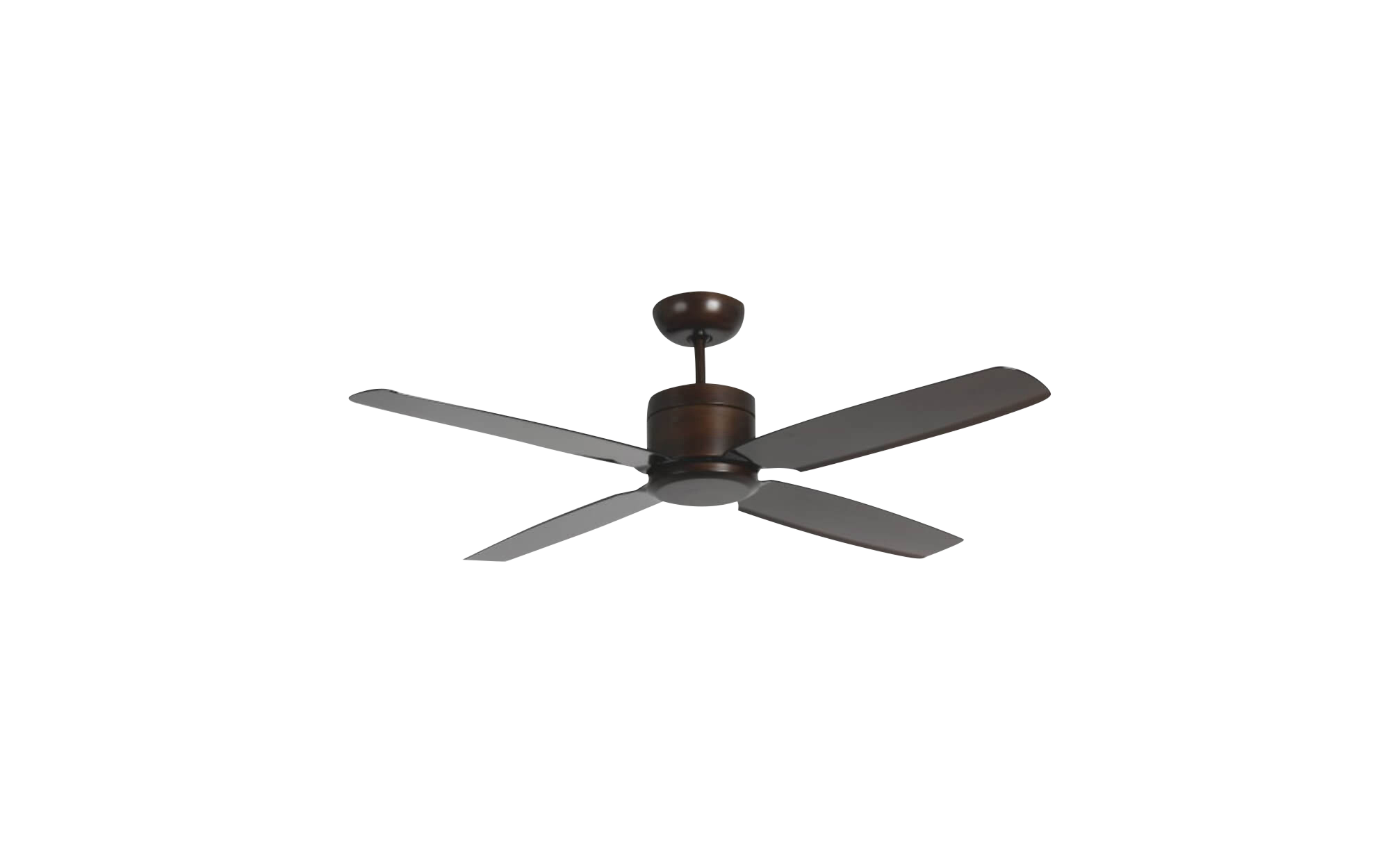 Ventilatore da soffitto con quattro pale nere, motore marrone scuro e sfondo nero.