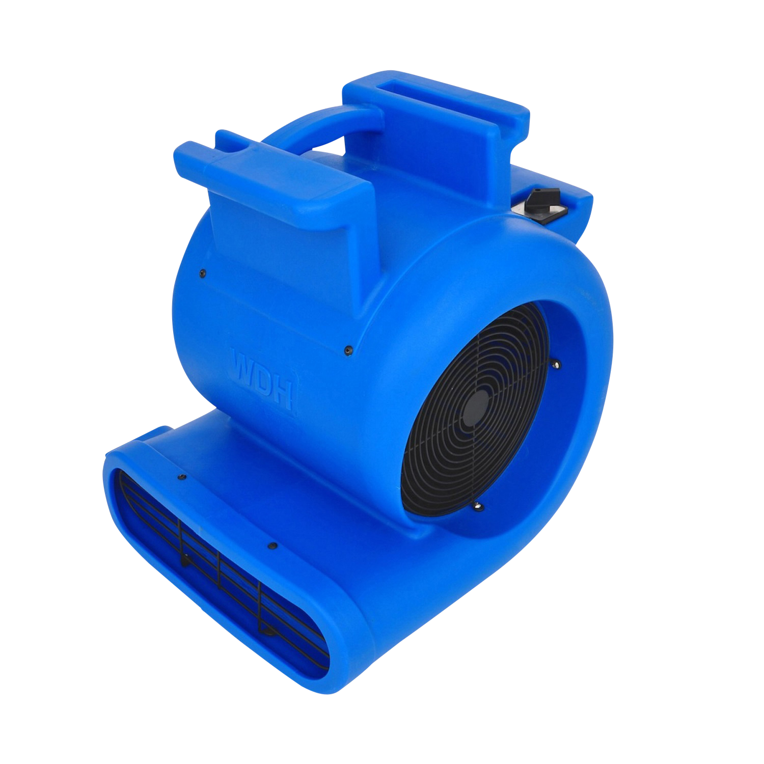 Blauer Luftventilator. Er hat einen Griff und das Wort 'WDH' darauf.