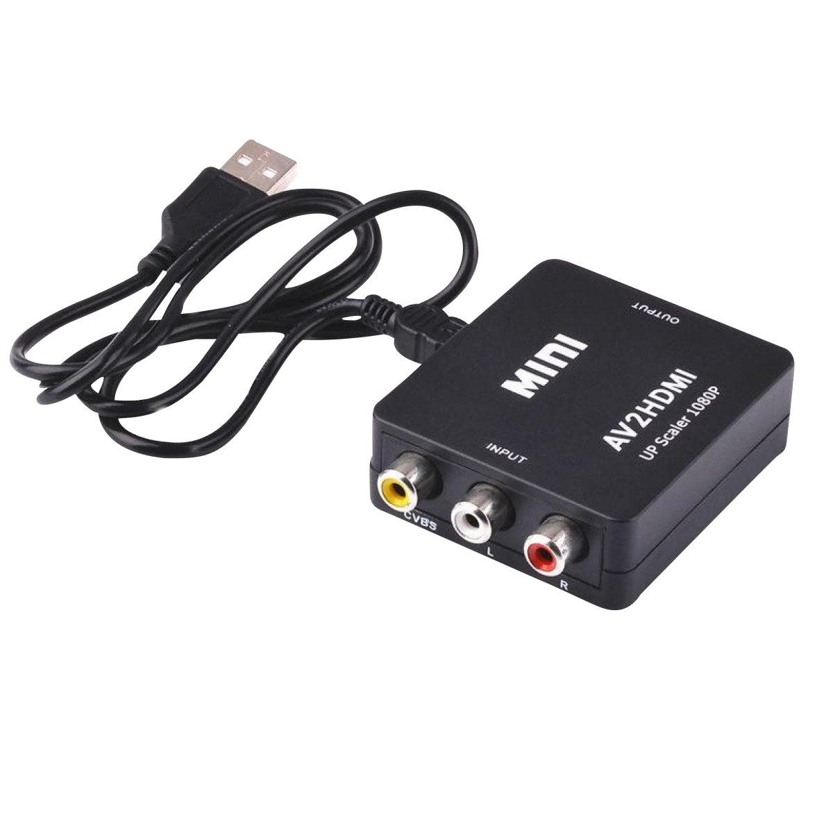 Schwarzer AV2HDMI-Konverter mit Eingangs- und Ausgangsanschlüssen und USB-Kabel.