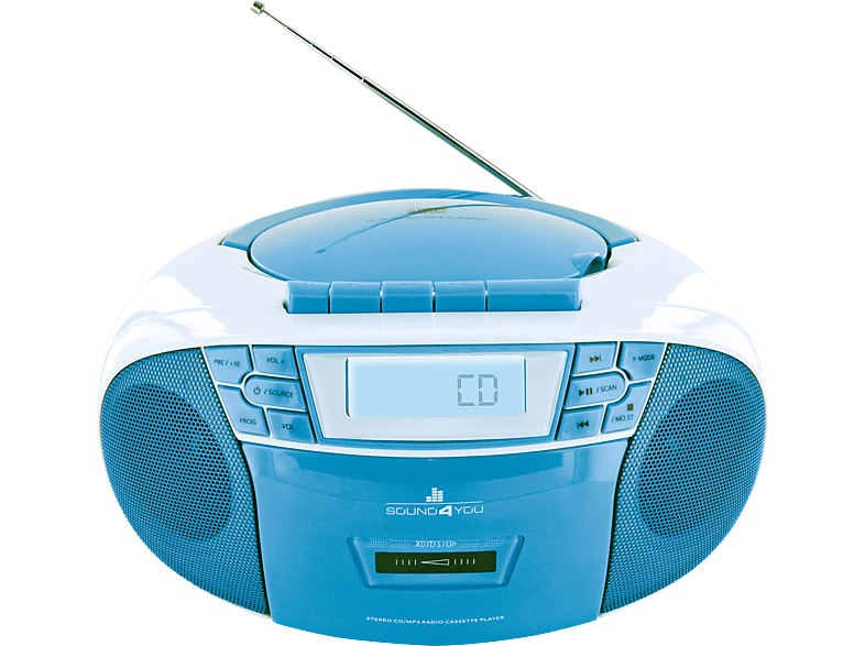 SCHWAIGER -661651- Tragbarer CD-Player mit Kassettendeck und FM Radio, Blau/Weiß