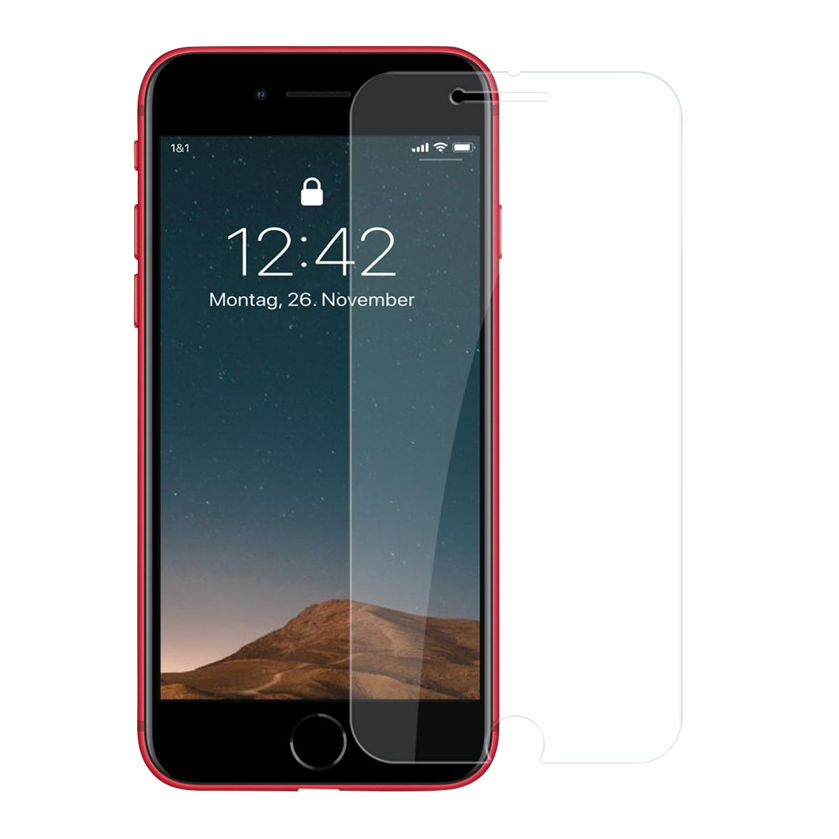 iPhone rosso con protezione schermo, mostra 12:42. Protezione a destra.