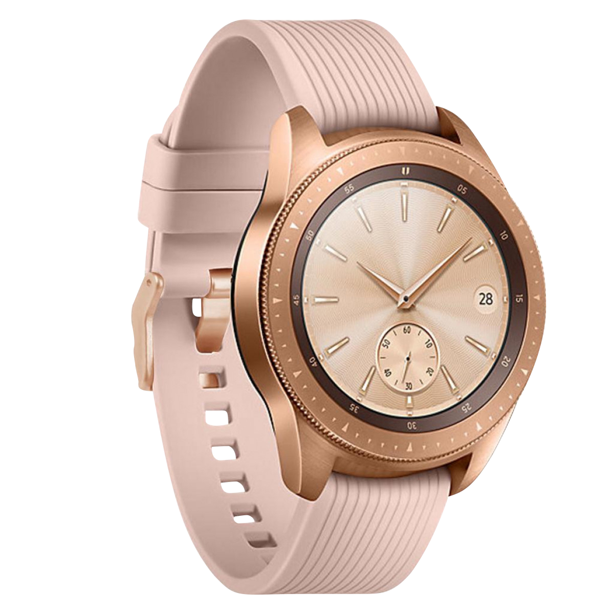 Roségoldene Smartwatch mit pinkfarbenem Armband. Die Uhr zeigt die Uhrzeit und andere Metriken.
