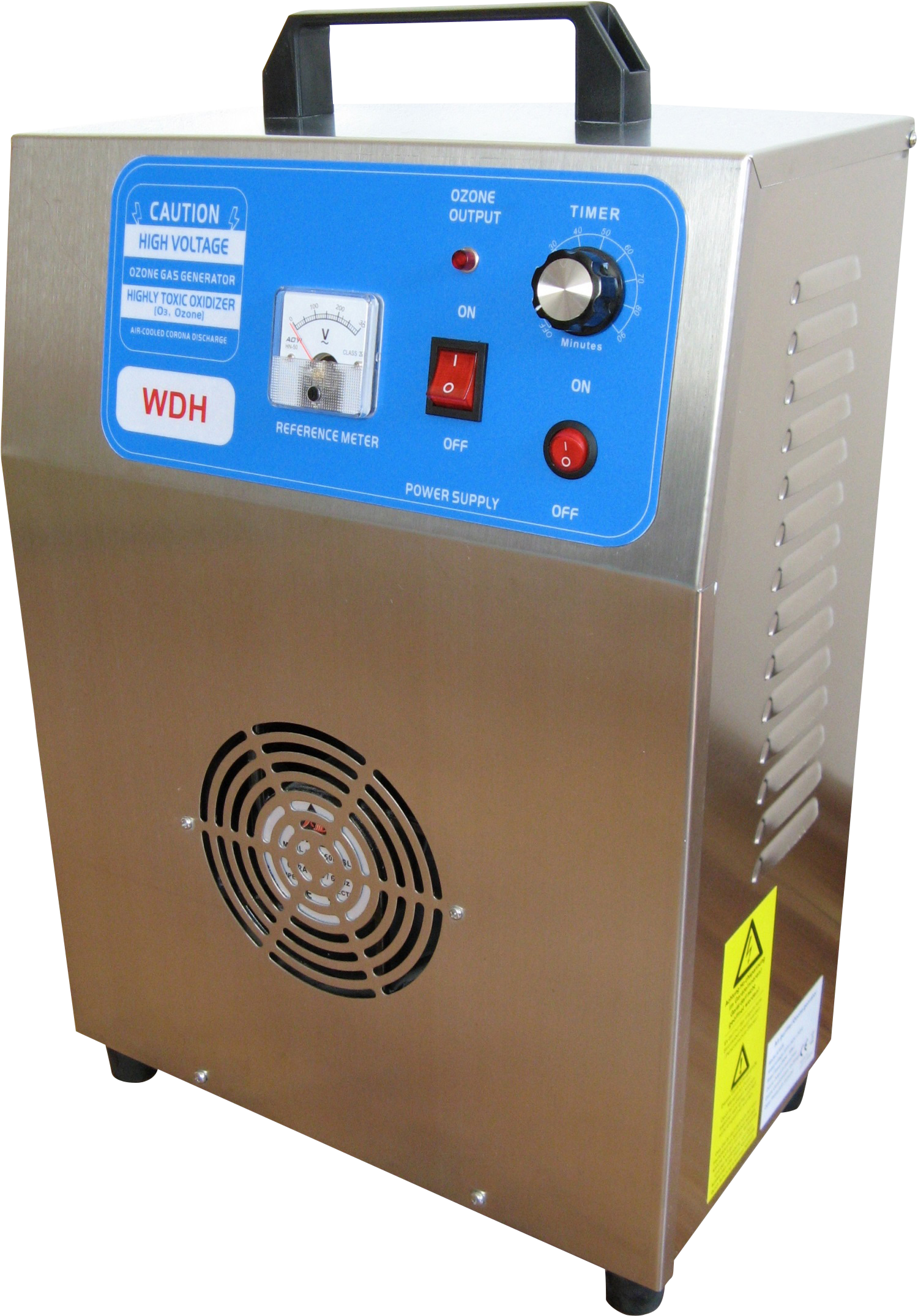 Eine silberne und blaue Ozongenerator-Maschine mit Bedienfeld und Lüfter.