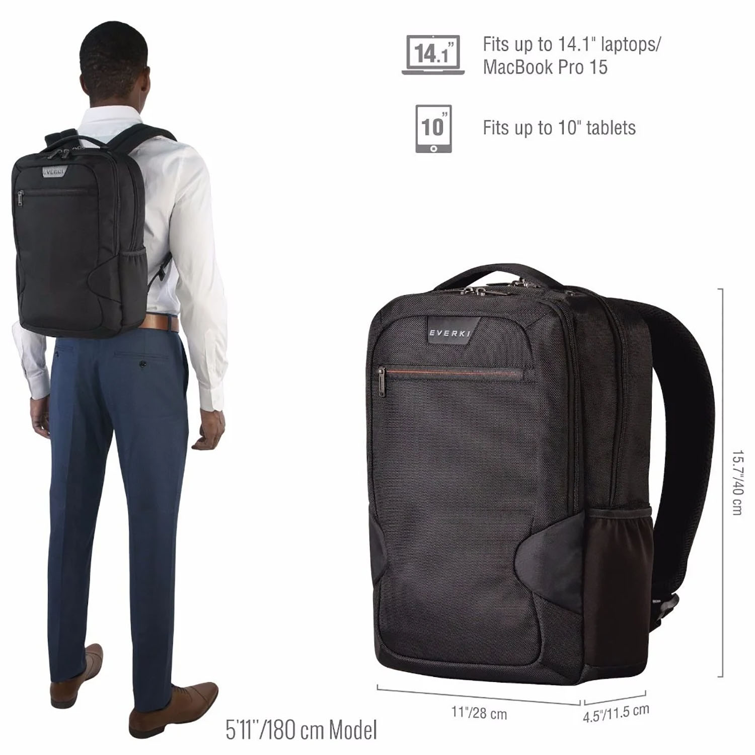 Ein Mann mit einem Rucksack. Eine Grafik rechts zeigt die Abmessungen und das Fassungsvermögen der Tasche.
