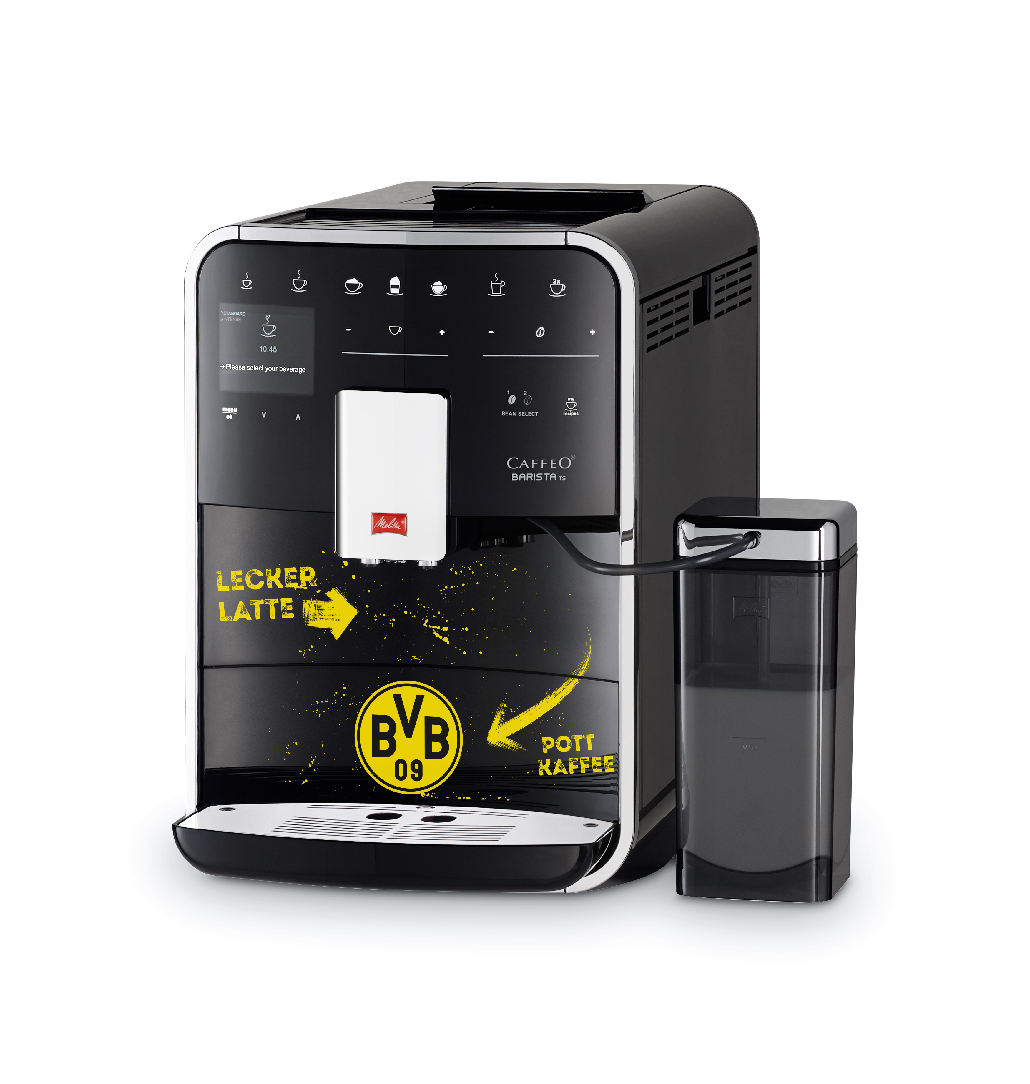 Eine schwarze Kaffeemaschine mit Bildschirm und Wasserbehälter, mit Text und Logo darauf.